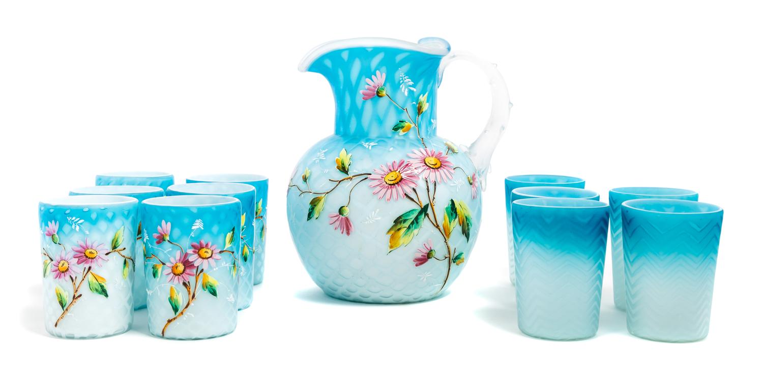 A Victorian Enameled Mother-of-Pearl Satin Glass Drink Set Height of pitcher 8 1/2 inches — 19TH CENTURY