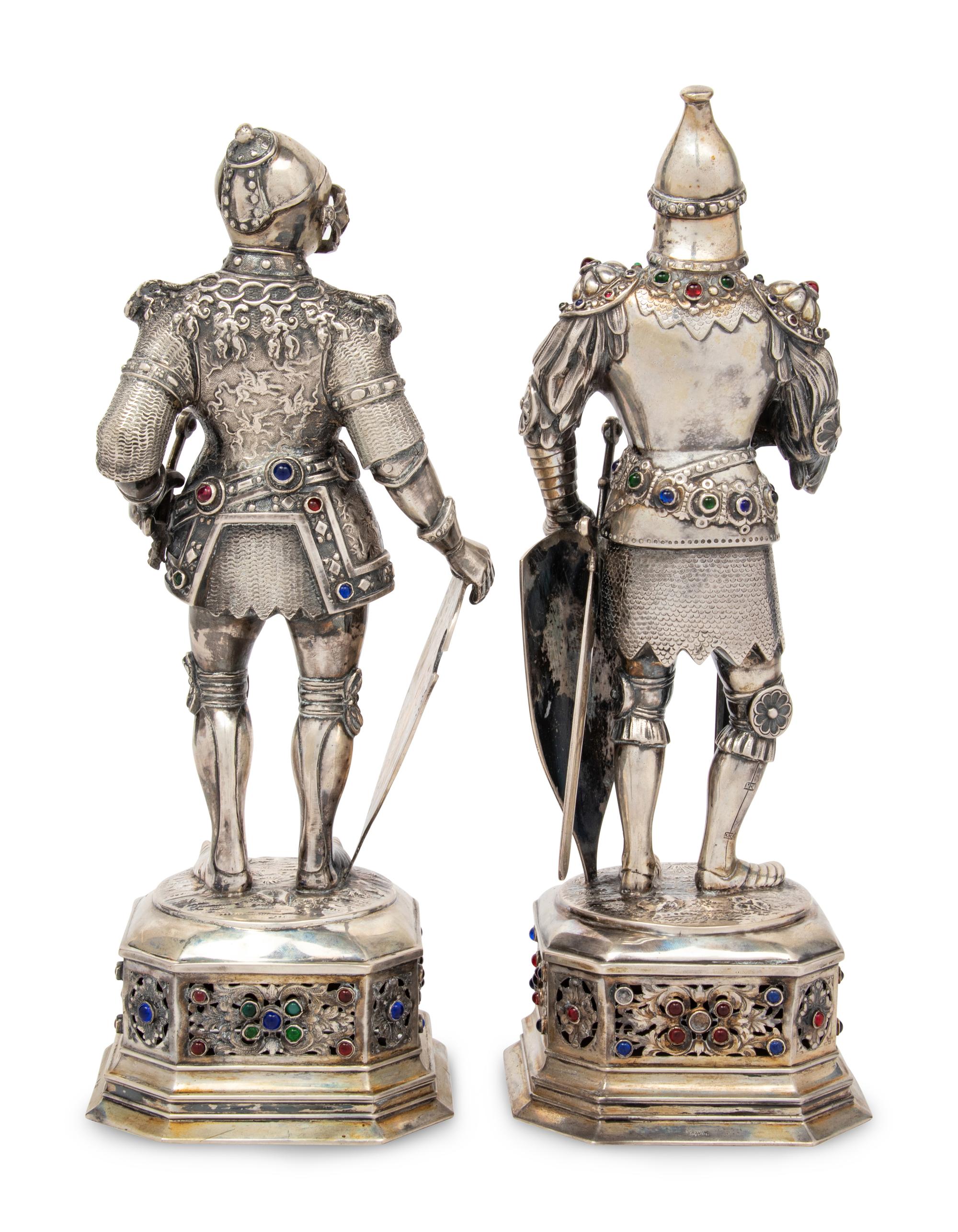 A Pair of German Silver and Jewel Inset Knight Figures