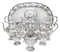 A Mexican Silver Six-Piece Tea and Coffee Service, Jose Luis Flores, Taxco, comprising a kettle on lampstand, a teapot, a coffee pot, a