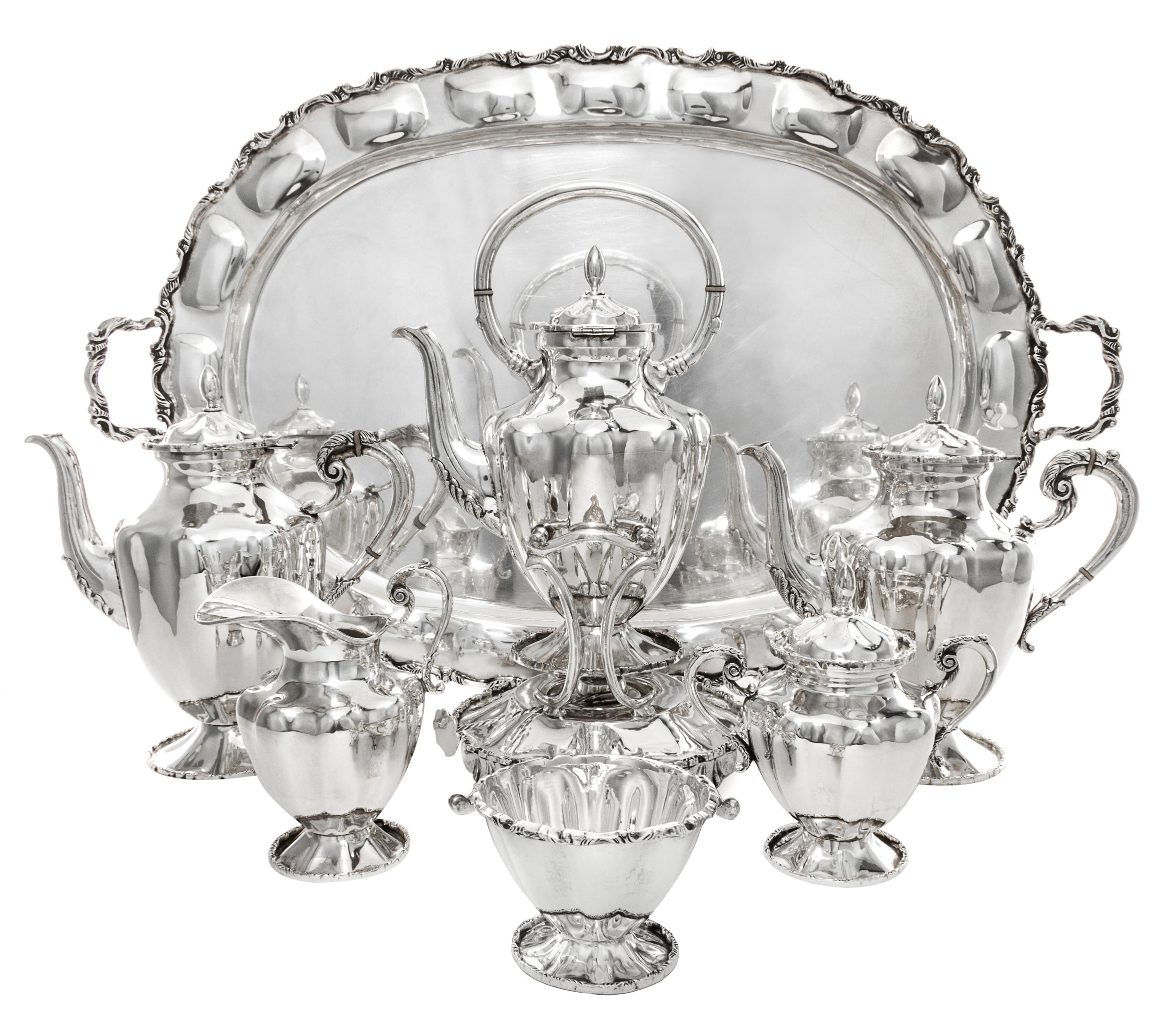 A Mexican Silver Six-Piece Tea and Coffee Service, Jose Luis Flores, Taxco, comprising a kettle on lampstand, a teapot, a coffee pot, a