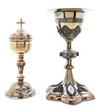 A French Enamel and Silver-Gilt Chalice and Paten, Maker's mark L (mullet) G, having a hexagonal base with enamel plaques depicting rel