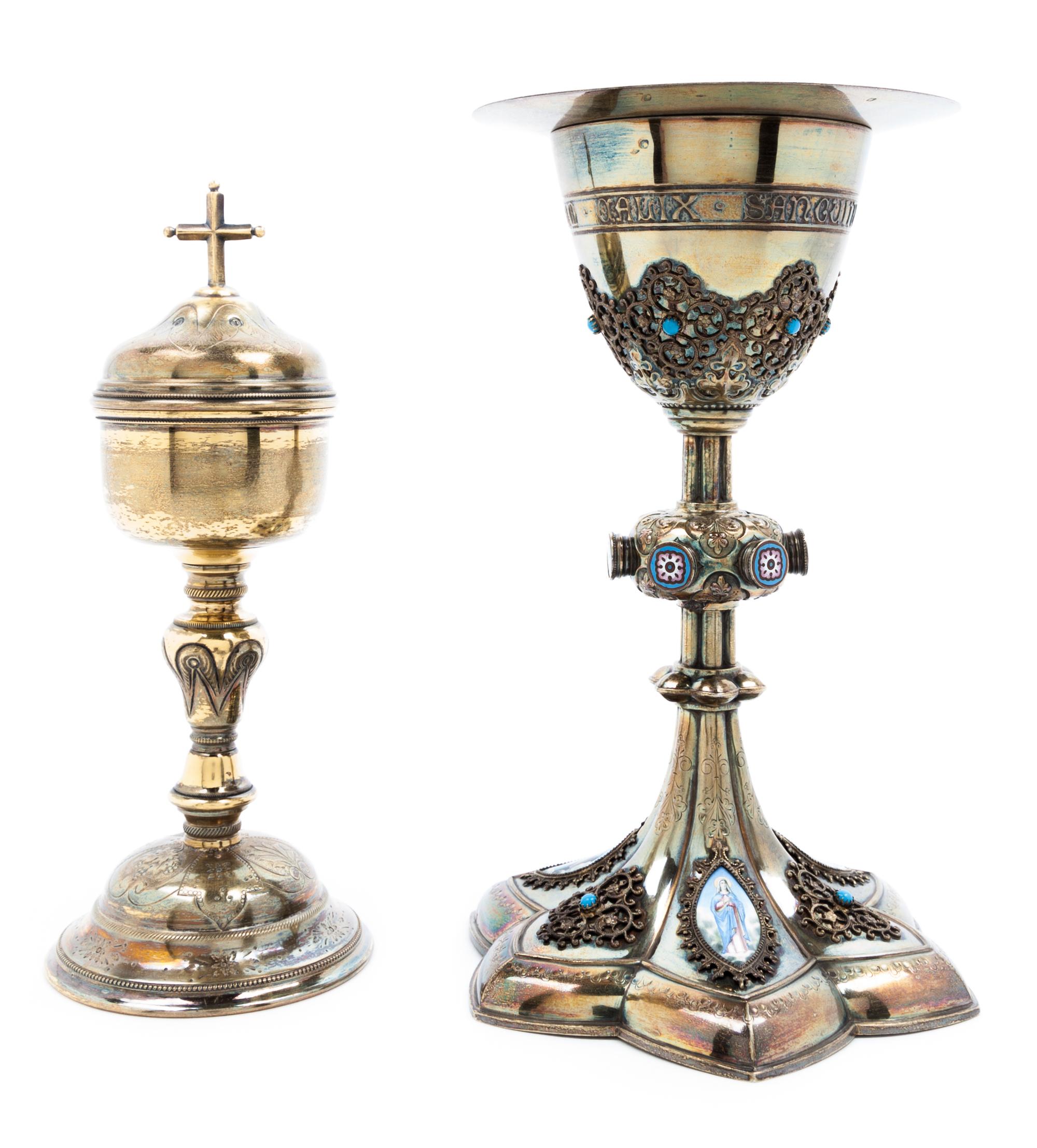 A French Enamel and Silver-Gilt Chalice and Paten, Maker's mark L (mullet) G, having a hexagonal base with enamel plaques depicting rel