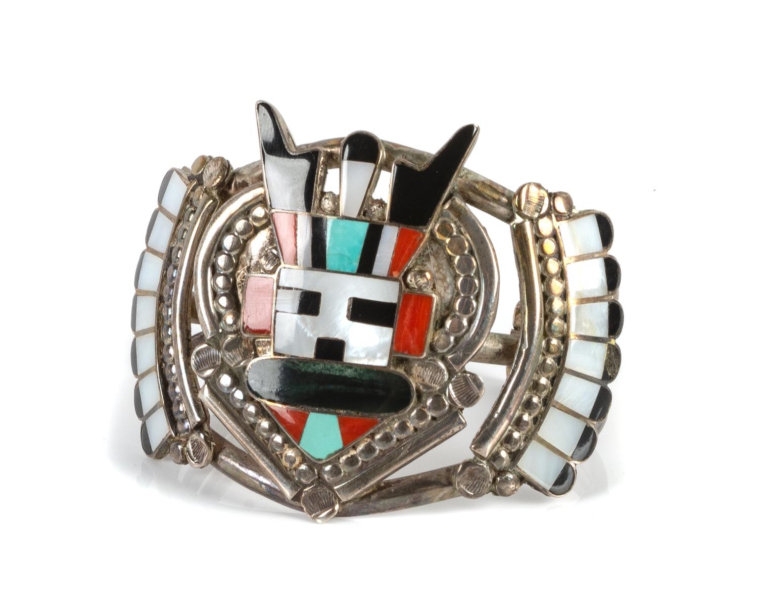 Zuni Mosaic Inlay Kachina Cuff Bracelet Length 5 1/8 x opening 1 x width 2 1/8 inches