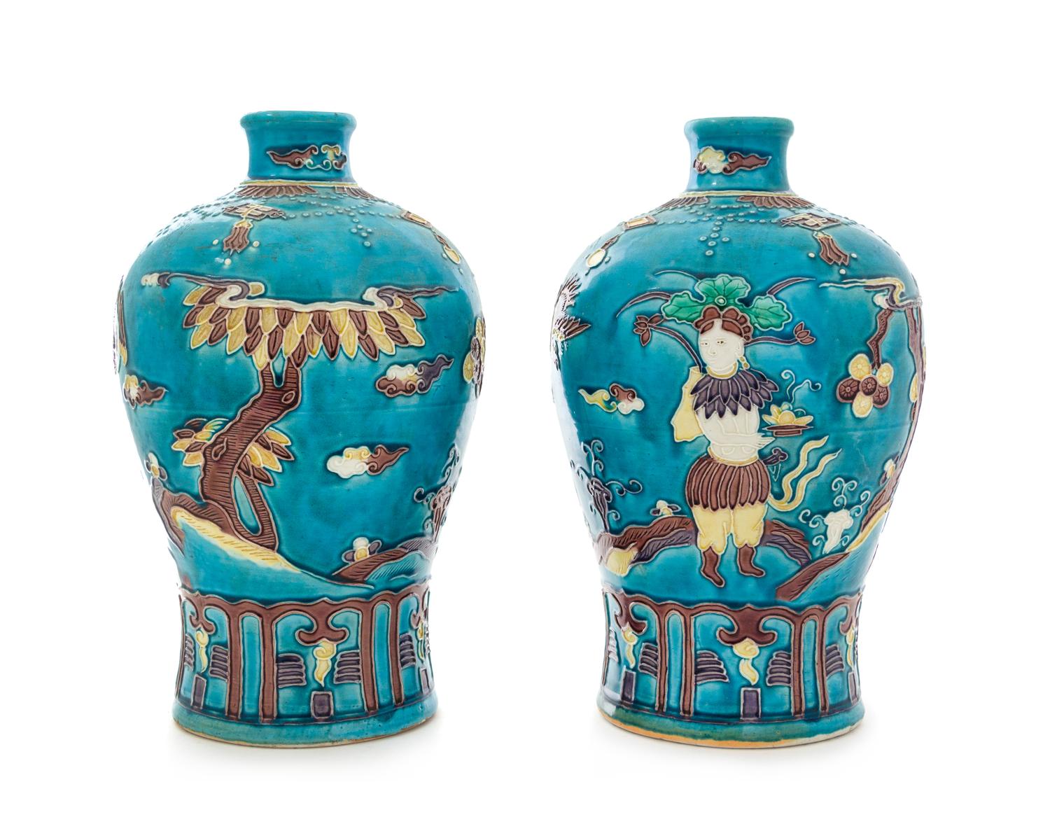 A Pair of Fahua- Style Porcelain Vases, Meiping Height 12 inches.