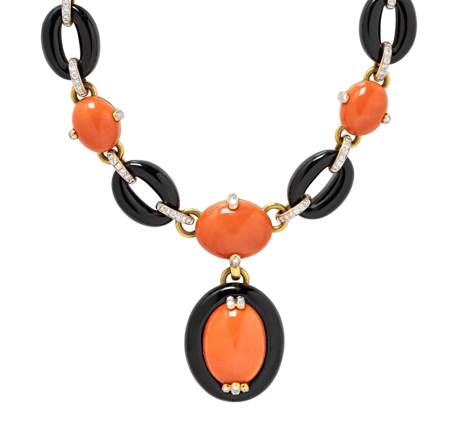 CORAL, ONYX, AND DIAMOND NECKLACE