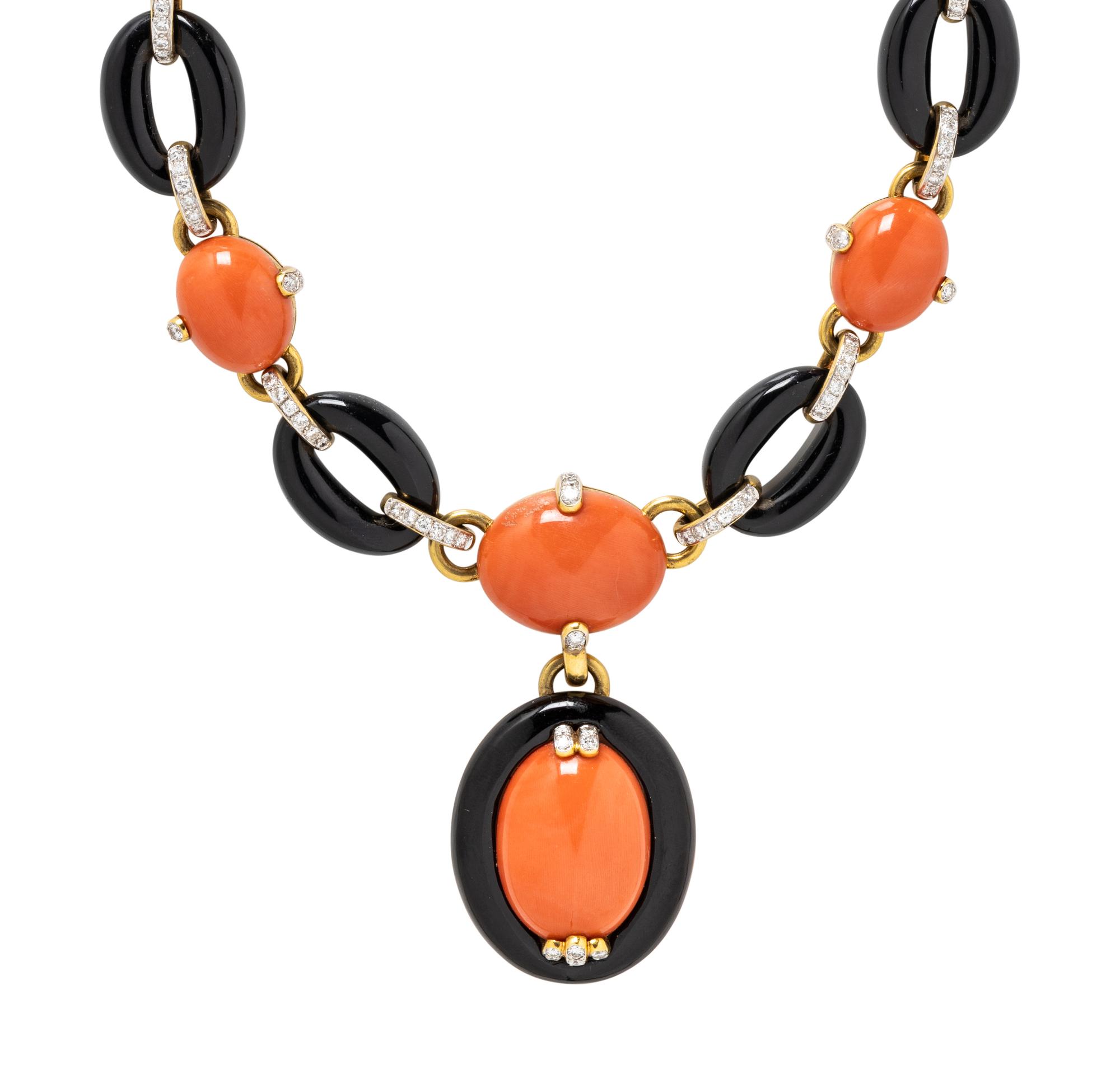 CORAL, ONYX, AND DIAMOND NECKLACE