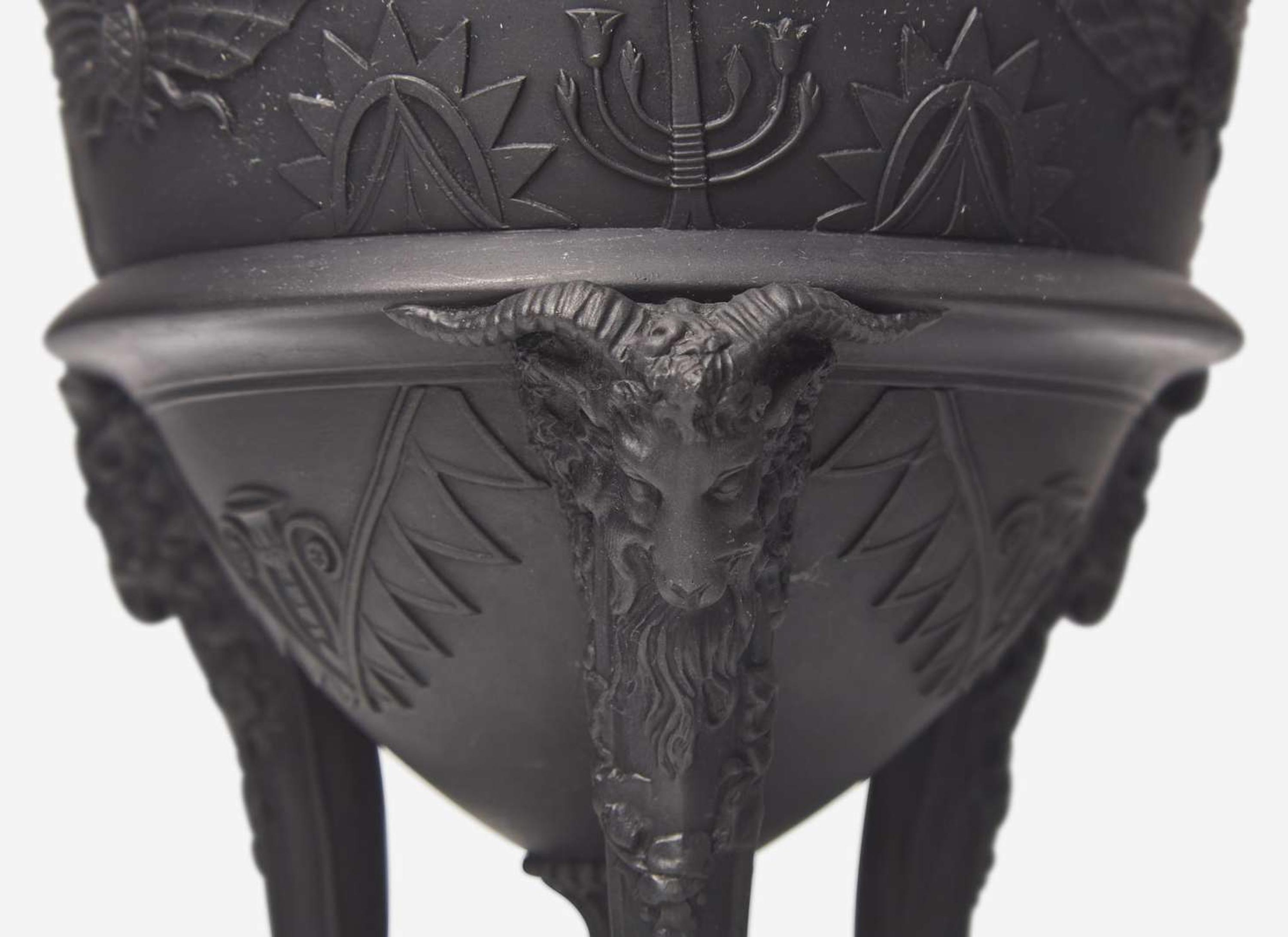 A Wedgwood Black Basalt Egyptian Revival Tripod Vase and Cover, UK, circa 1800