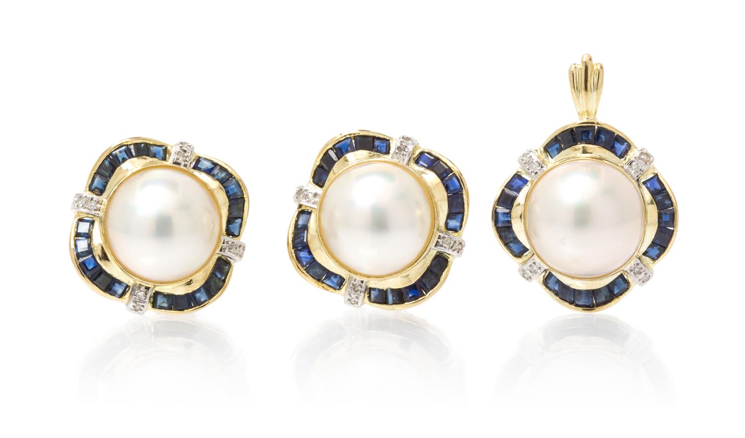 A 14 Karat Yellow Gold, Mabe Pearl, Diamond and Sapphire Demi Parure, 13.90 dwts.
