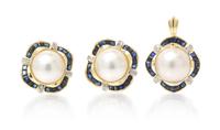 A 14 Karat Yellow Gold, Mabe Pearl, Diamond and Sapphire Demi Parure, 13.90 dwts.