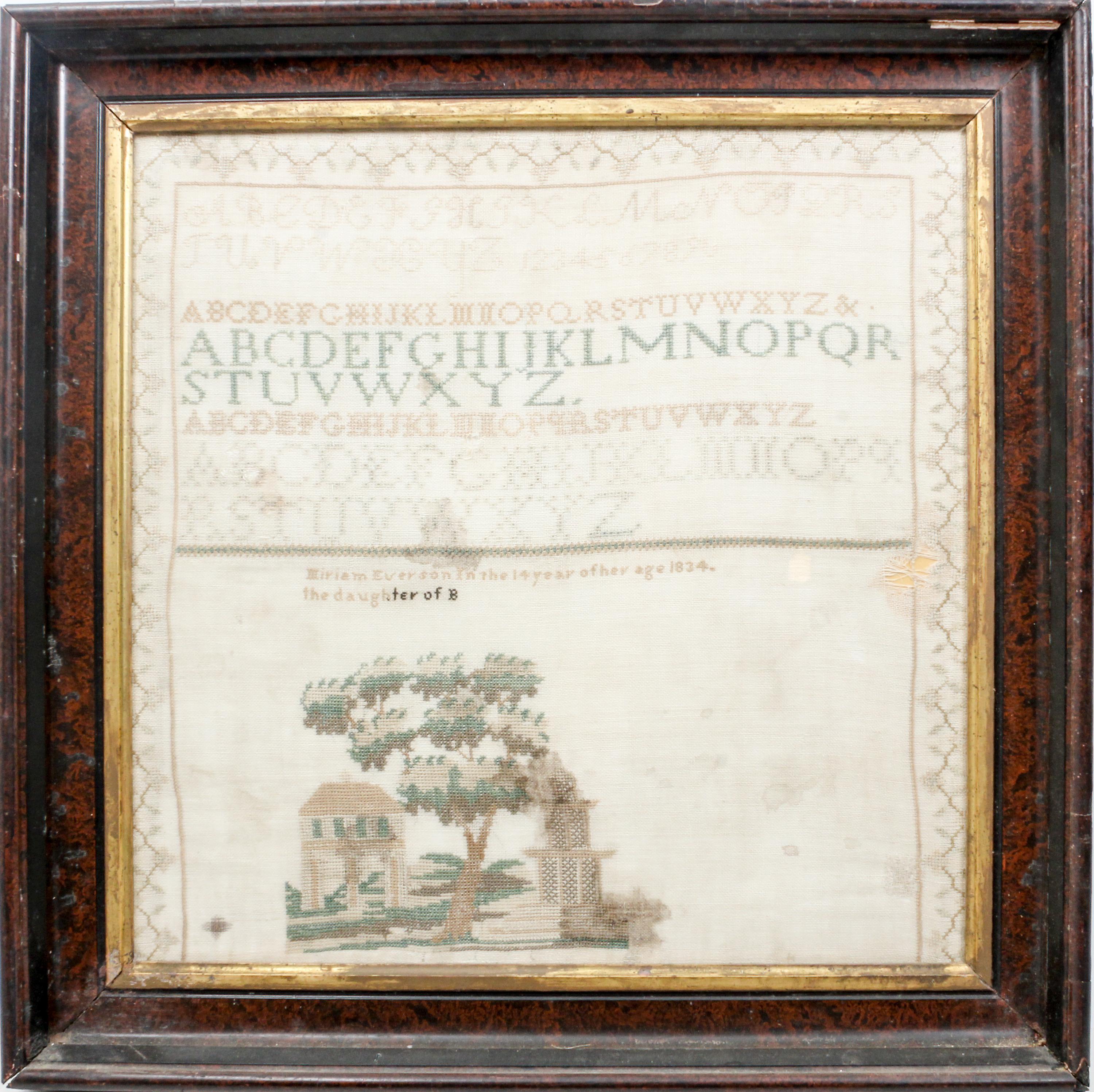 A Victorian Needlework Sampler Height 19 1/2 x width 19 1/2 inches. — 1834