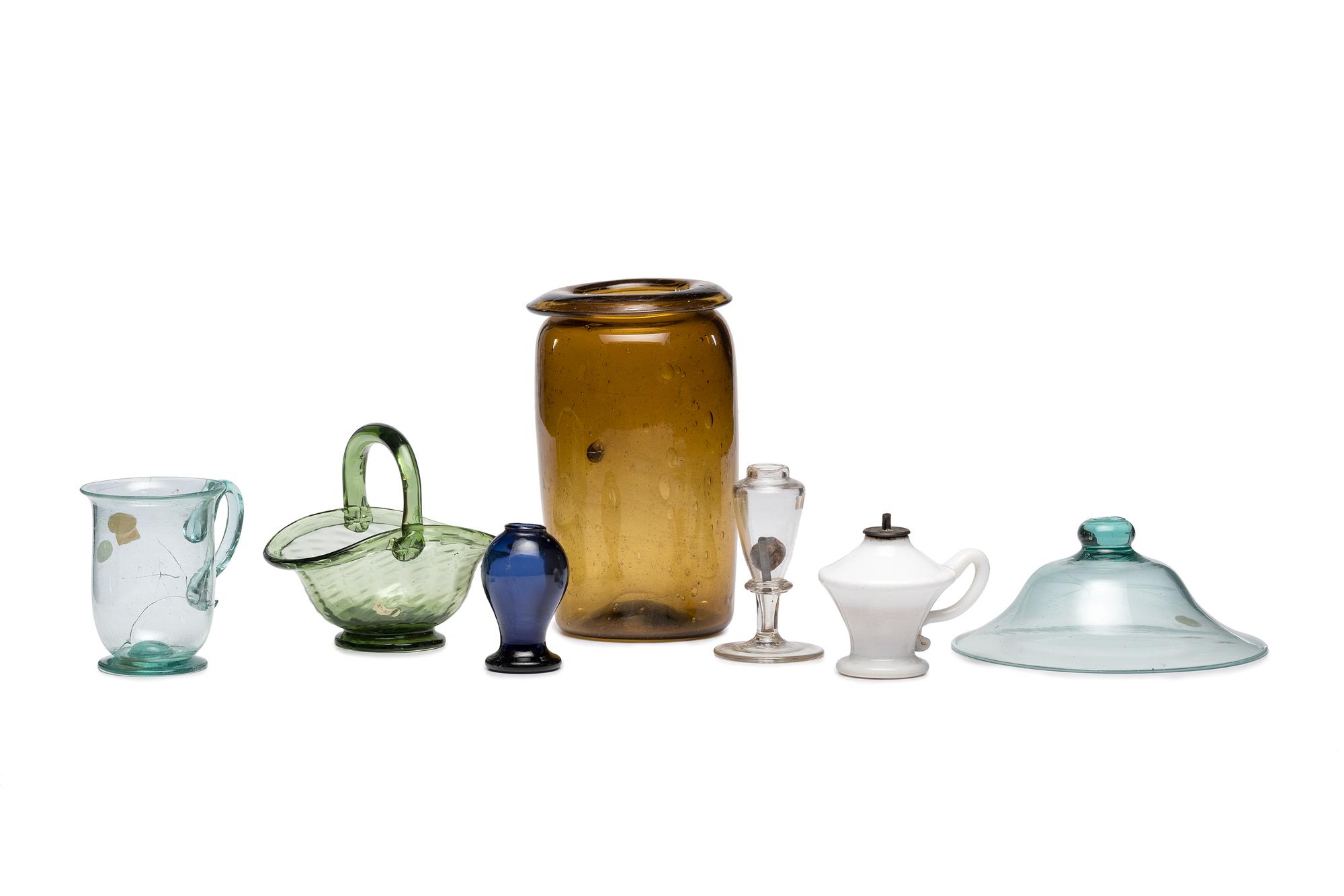 A Group of Early American Blown-Glass Oil Lamps and Kitchen Wares