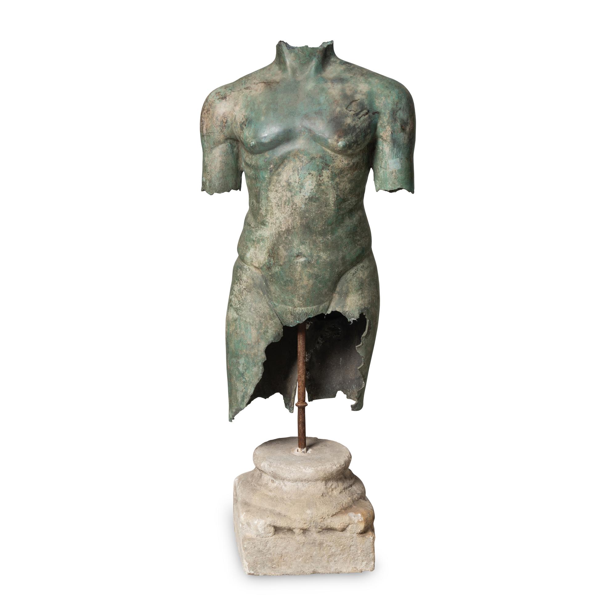 A Patinated Bronze Torso on Stone Plinth