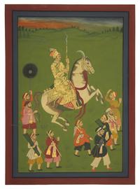A Fine Large Pair of Equestrian Processional Paintings, North India, In the Manner of Mewar, Udaipur, 20th Century