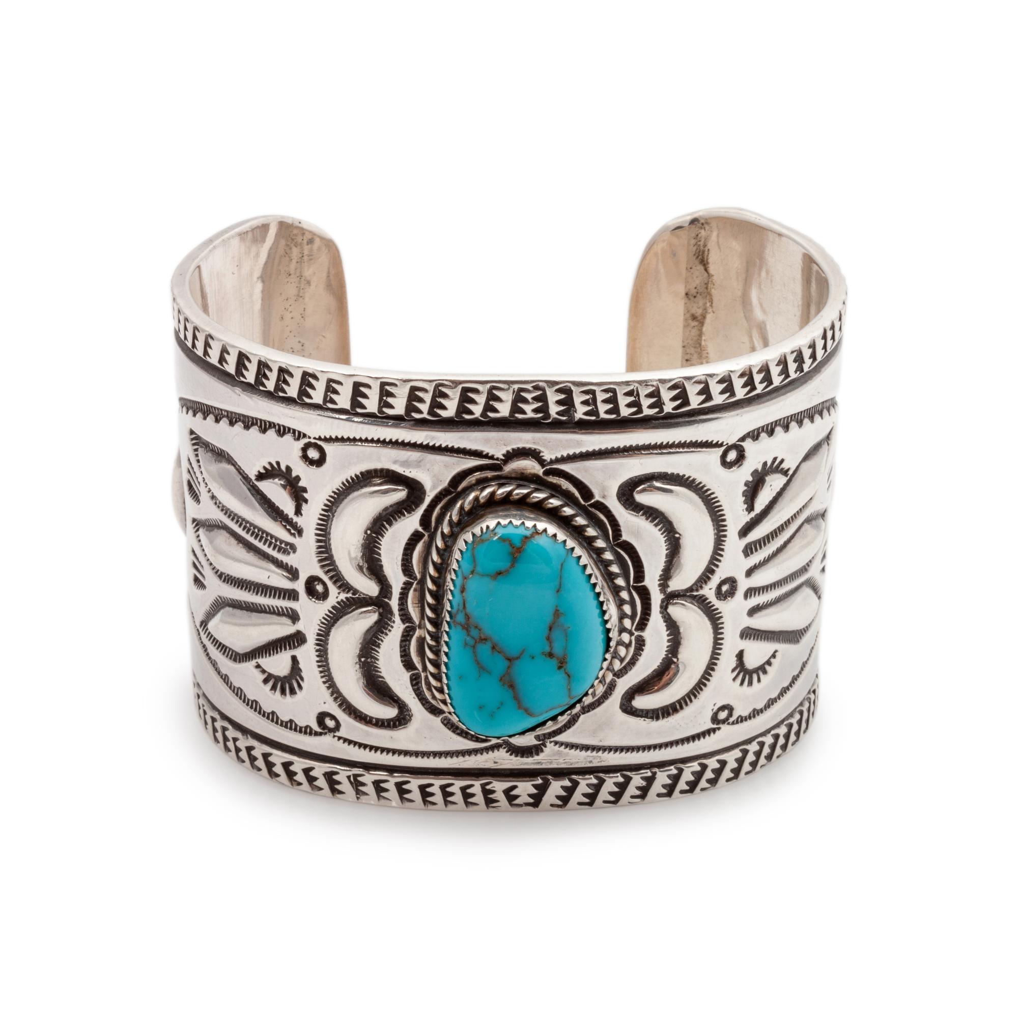 Heavily Stamped Cuff with Turquoise Cabochon Lot is located and will ship from Denver, Colorado