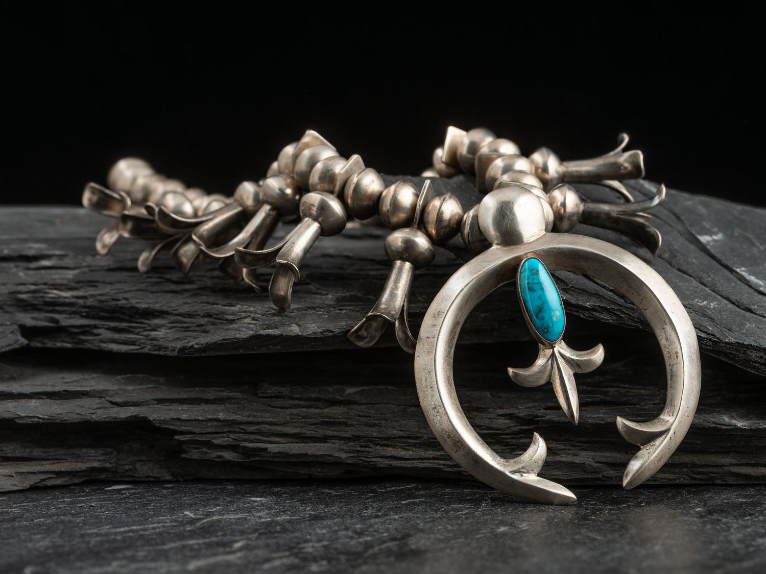 Navajo Silver and Turquoise Squash Blossom Necklace