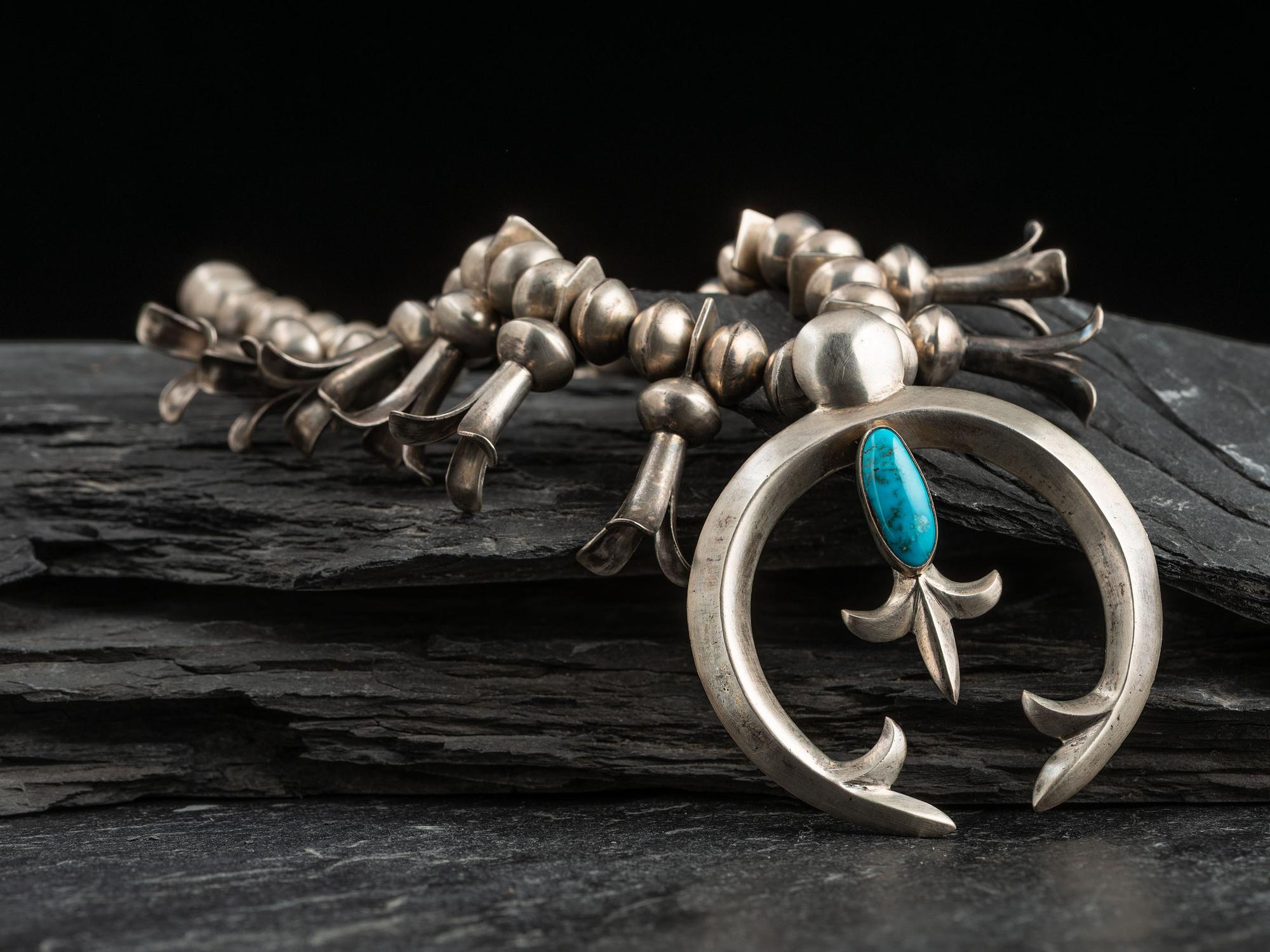 Navajo Silver and Turquoise Squash Blossom Necklace