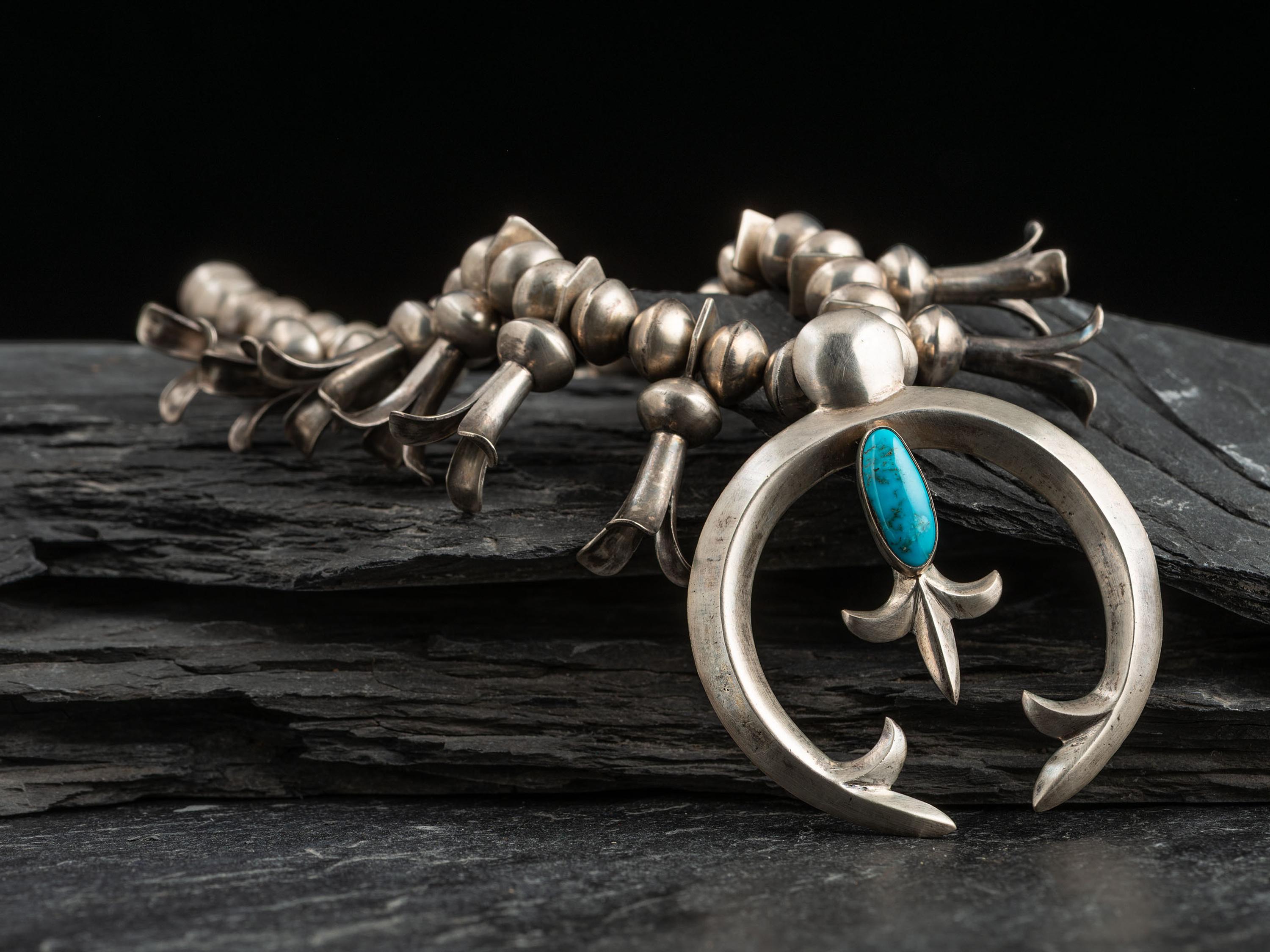Navajo Silver and Turquoise Squash Blossom Necklace