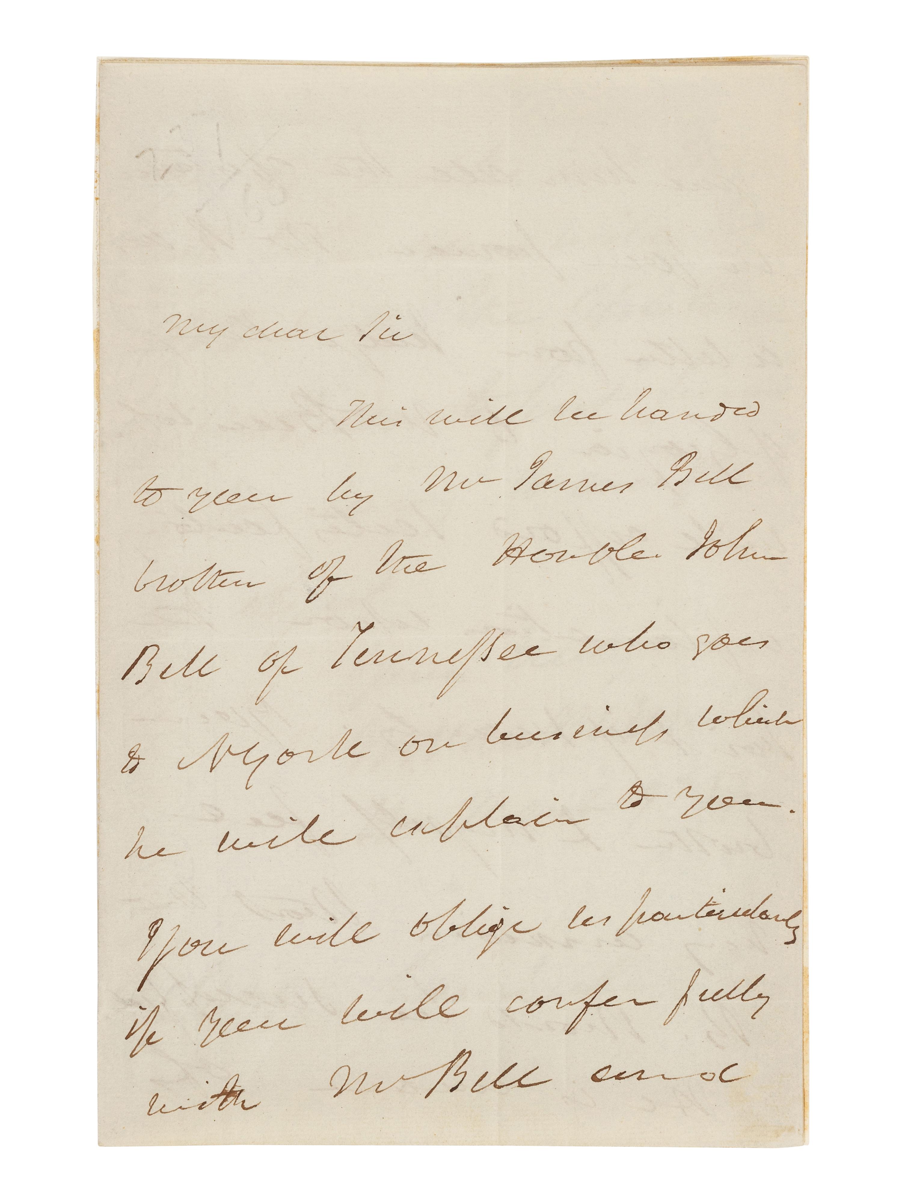 VAN BUREN, Martin (1782-1862). Autograph letter signed ("M. Van Buren"), as Vice President, to Stephen Camberling (ca 1790-1872). Washington, D.C., 9 March 1834.