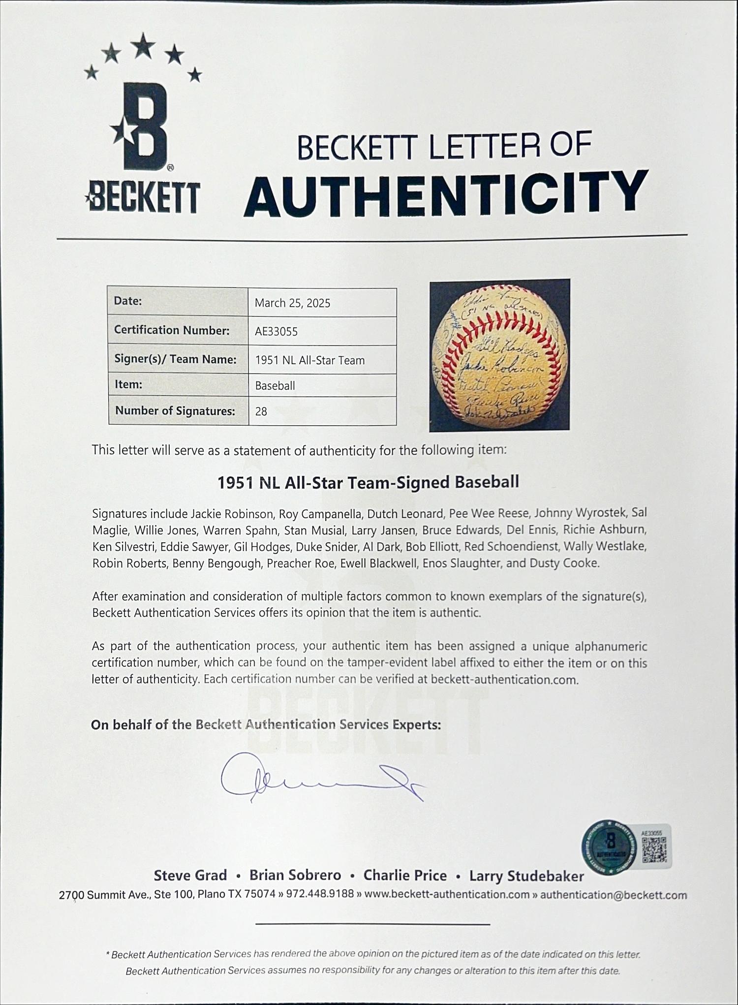 A 1951 National League All Star Team Signed Autograph Baseball Including Jackie Robinson (Beckett Authentication Services)
