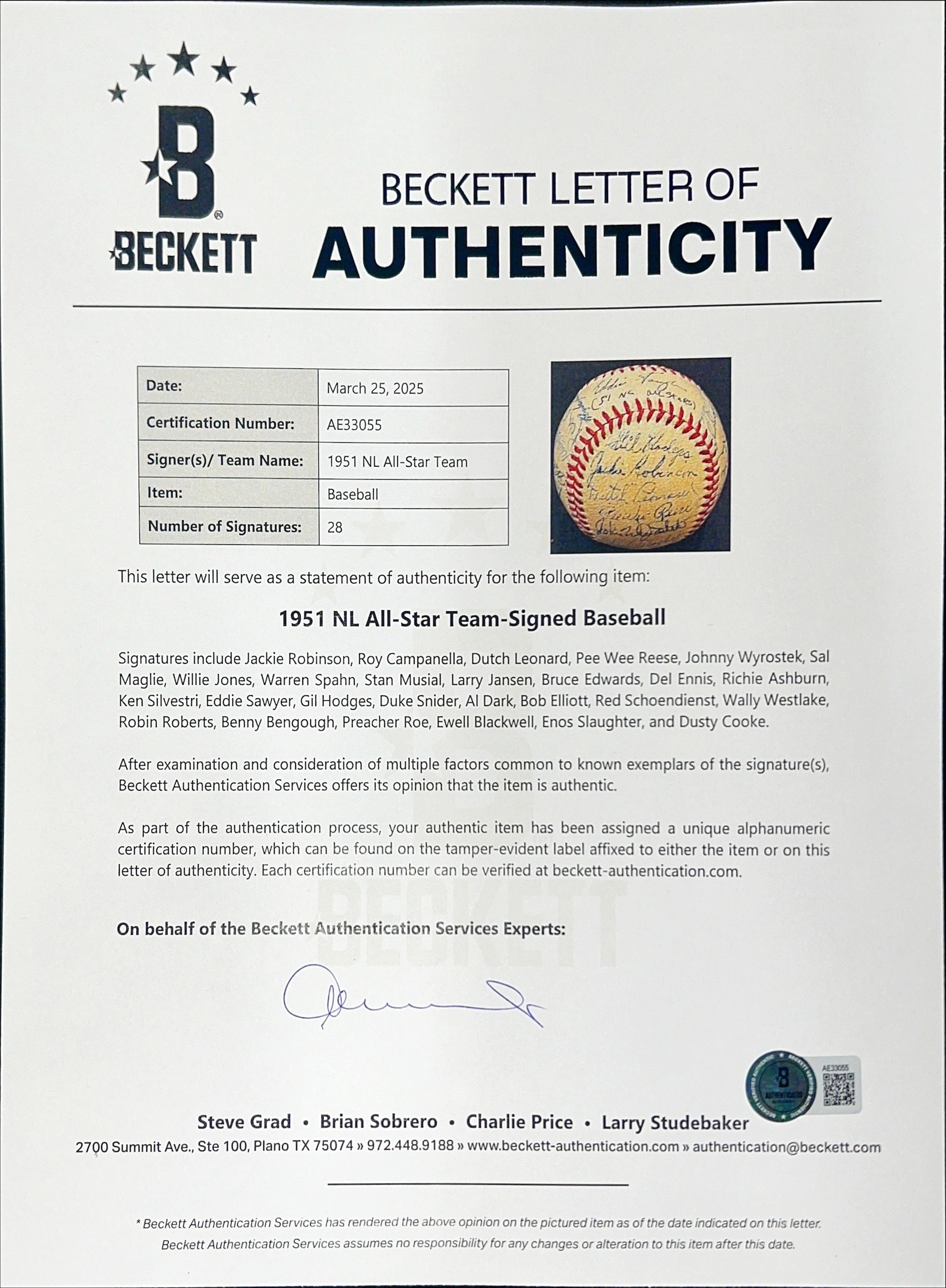 A 1951 National League All Star Team Signed Autograph Baseball Including Jackie Robinson (Beckett Authentication Services)