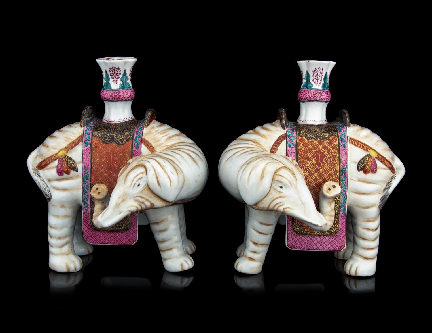 A Pair of Chinese Famille Rose Porcelain Elephant-Form Candle Holders