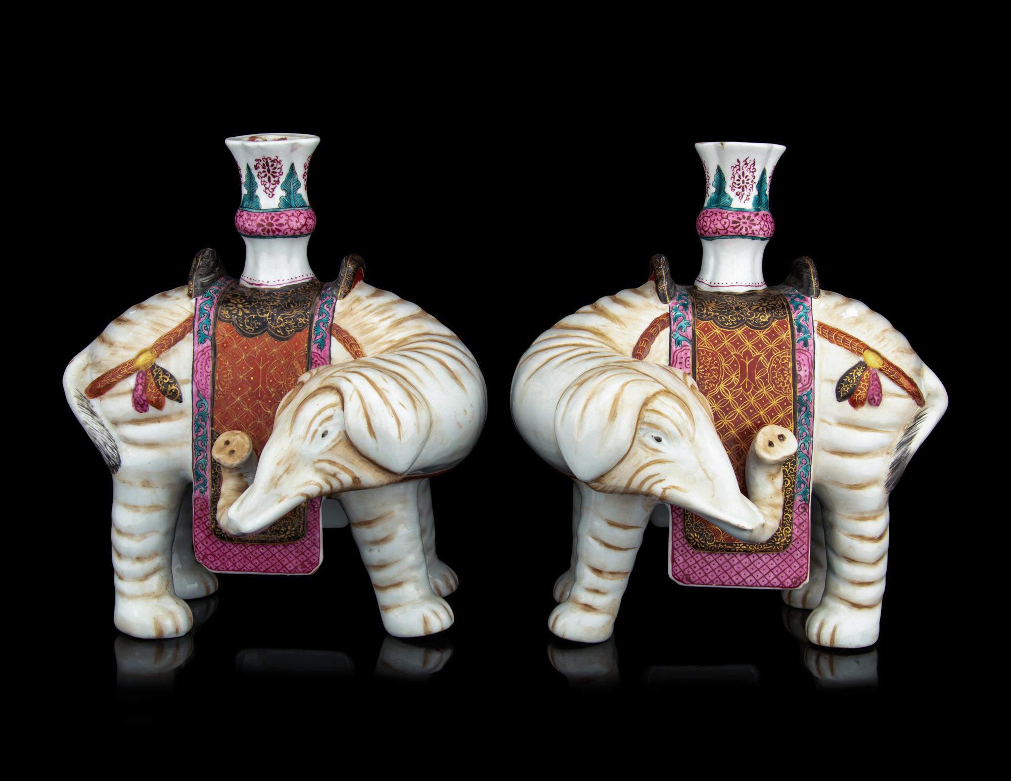 A Pair of Chinese Famille Rose Porcelain Elephant-Form Candle Holders