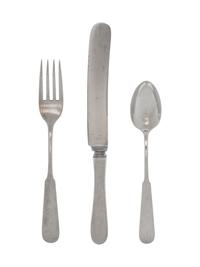 in the Chino pattern, comprising: 12 dinner knives with stainless steel blades 1 butter spreader 12 dinner forks 12 salad forks 1 meat fork 12 fish forks 12 teaspoons 12 fruit spoons 4 serving spoons 6 tablespoons 12 iced tea spoons 1 jelly spoon 2 ladles 1 cake server 1 carving set 102 pieces total.