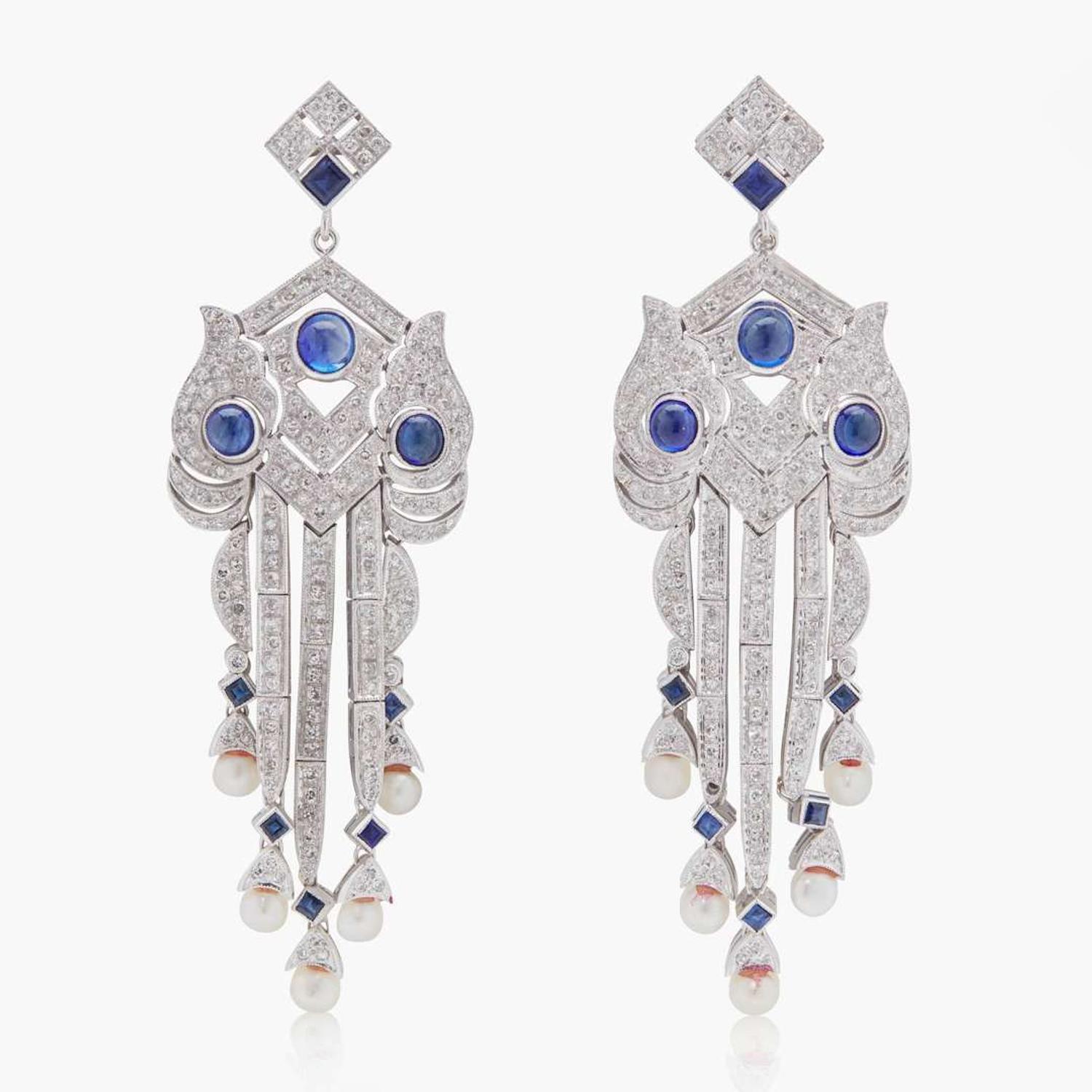 A Pair of Platinum, Diamond, Sapphire, and Pearl Earrings