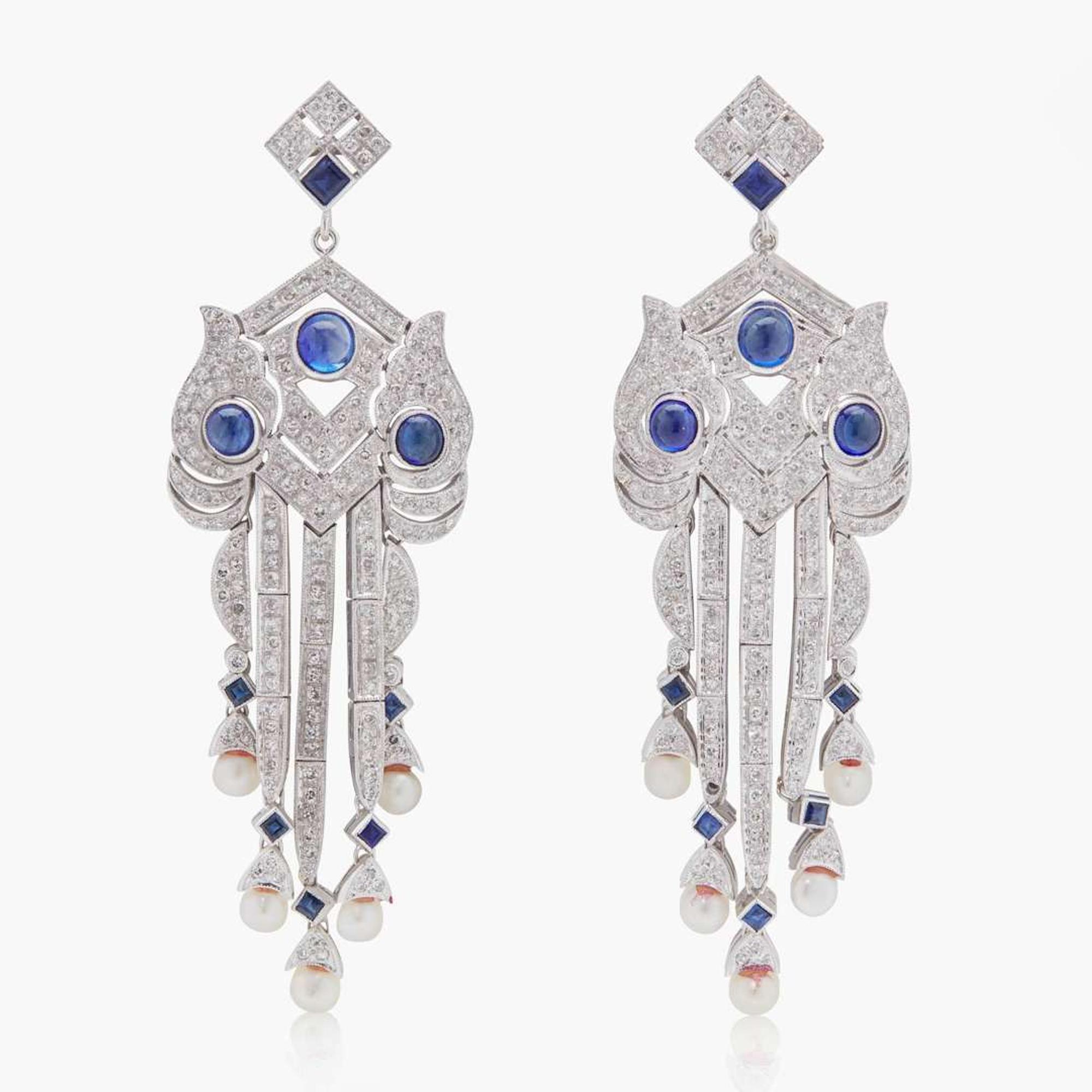 A Pair of Platinum, Diamond, Sapphire, and Pearl Earrings