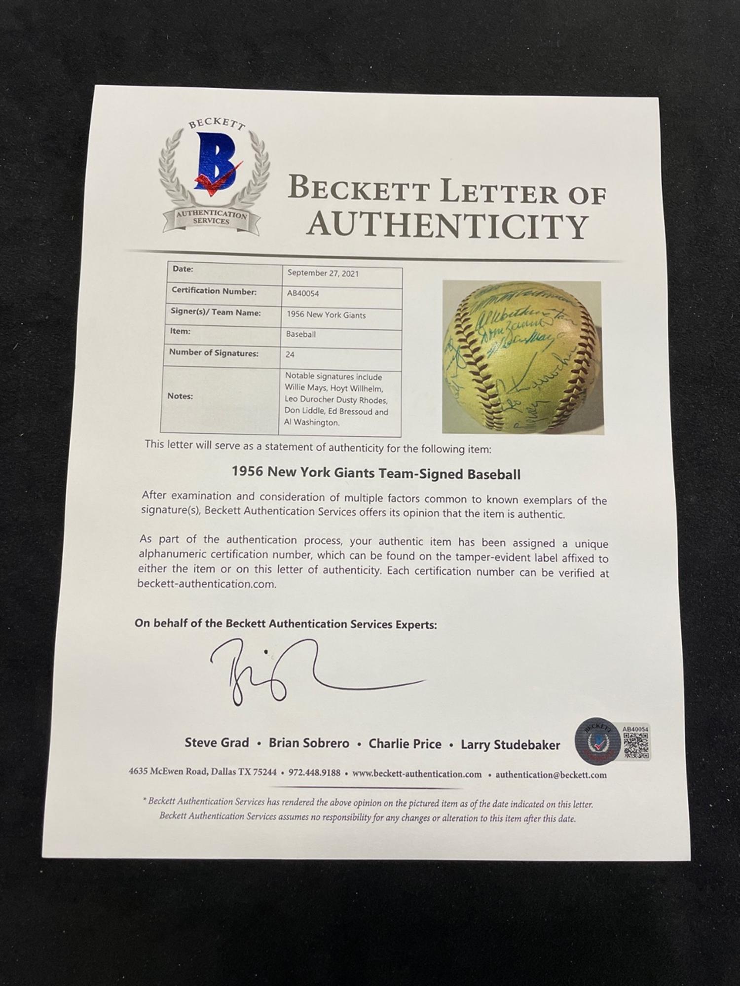A 1956 New York Giants Team Signed Autograph Baseball Including Willie Mays (BAS Beckett Authentication Services Certified),