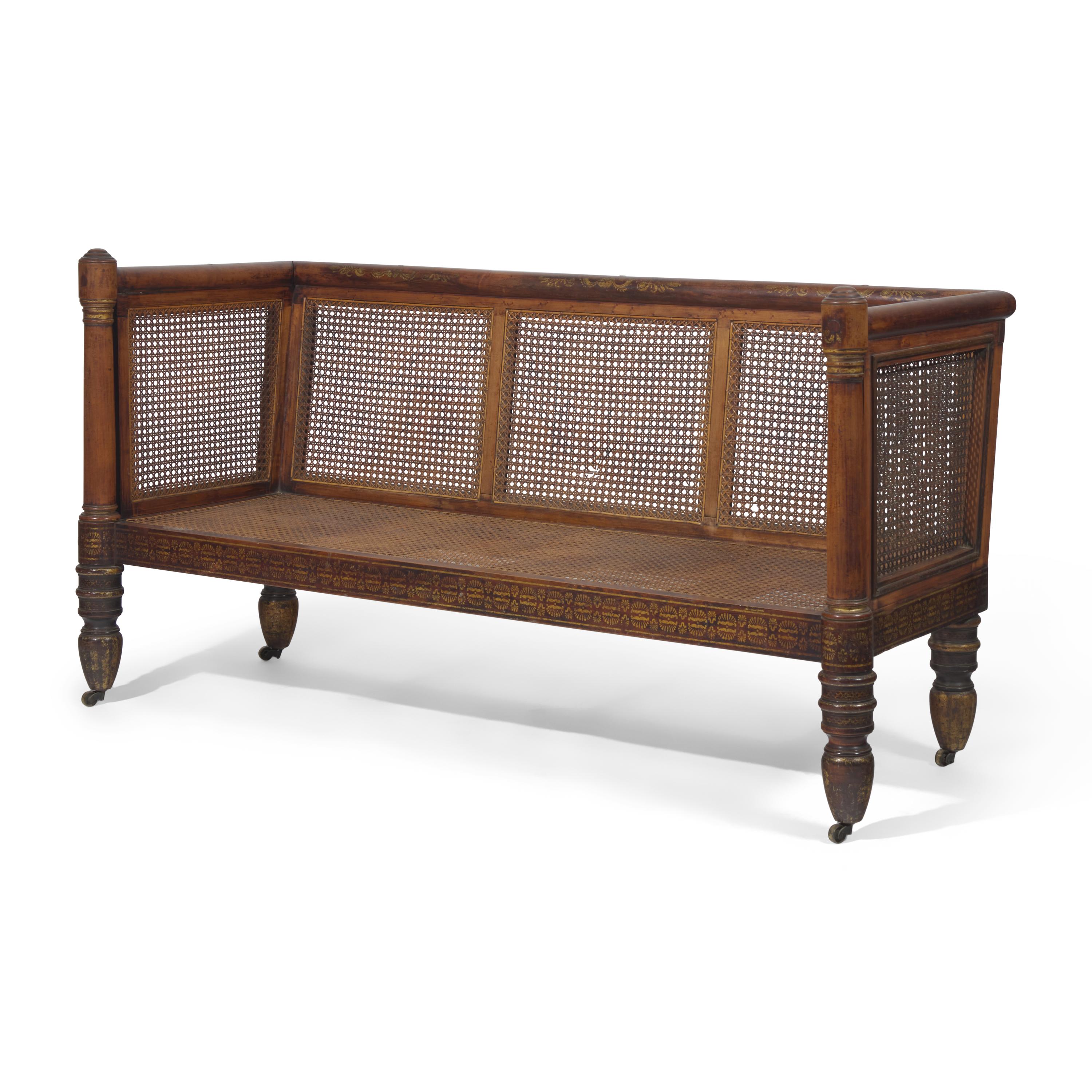 A Rare Classical Gilt-Stenciled and Faux Rosewood Cane Upholstered Box Sofa