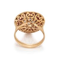 YELLOW GOLD, DIAMOND, AND SYNTHETIC RUBY RING