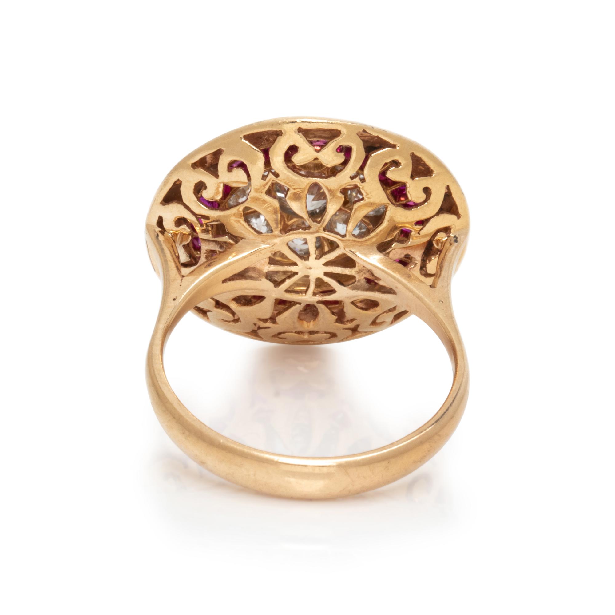 YELLOW GOLD, DIAMOND, AND SYNTHETIC RUBY RING