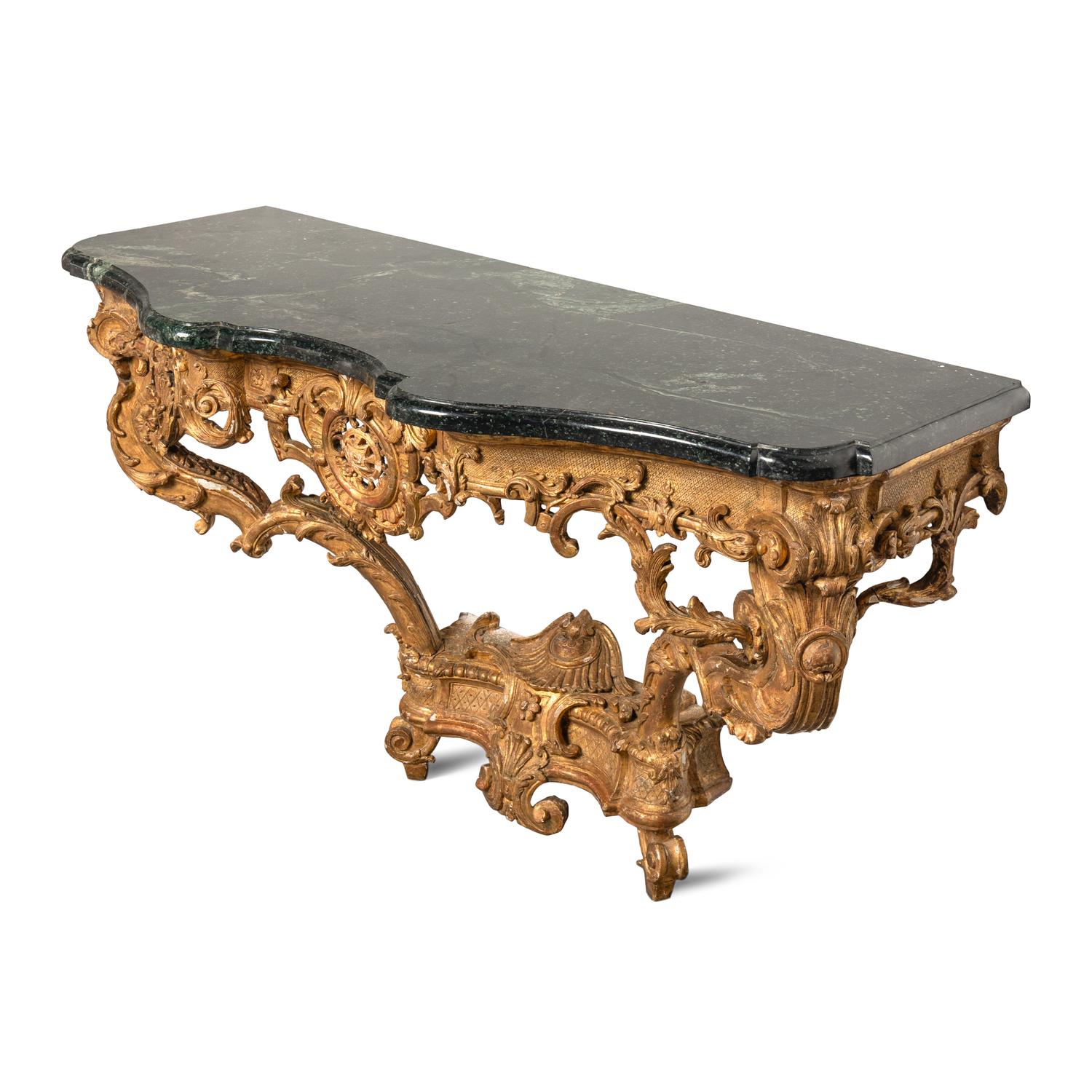 A Régence Carved Giltwood and Marble-Top Serpentine Console Table