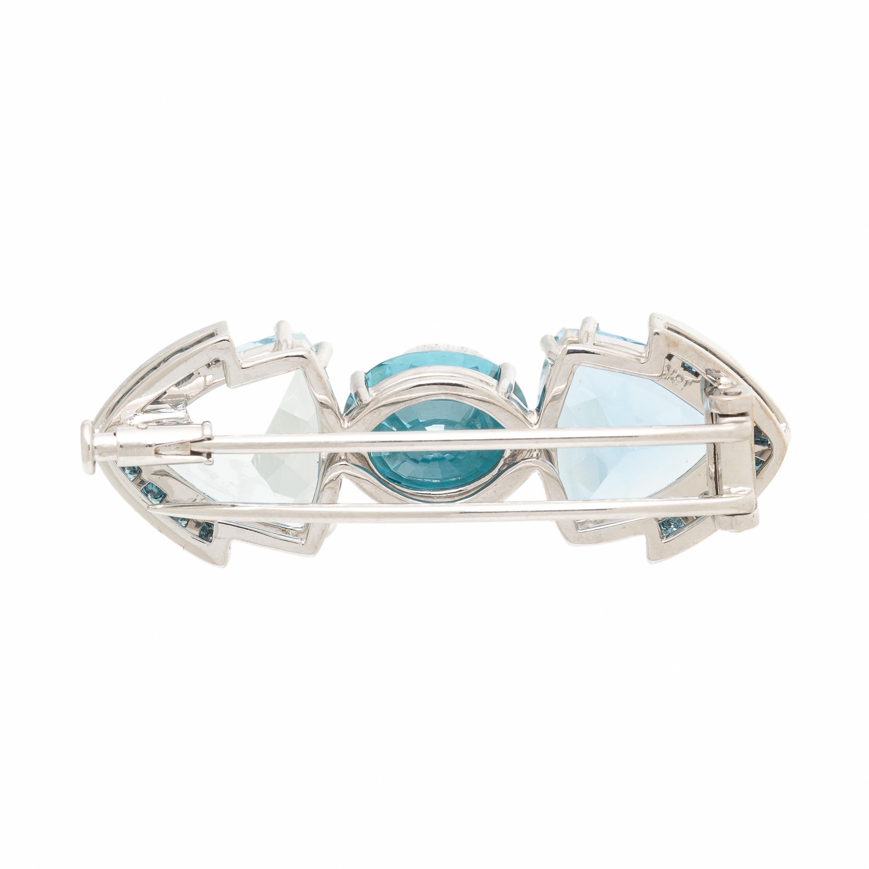 Blue Zircon, Aquamarine, and White Gold Brooch
