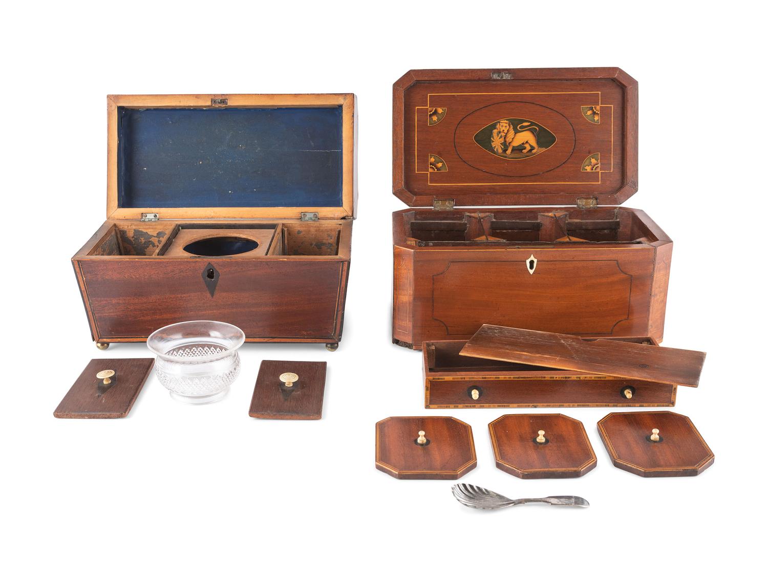 Four English Mahogany Inlaid Tea Caddies