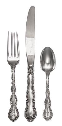 An American Silver Flatware Service, Gorham Mfg. Co., Providence, RI, Strasbourg pattern, comprising: 33 dinner knives 33 dinner forks