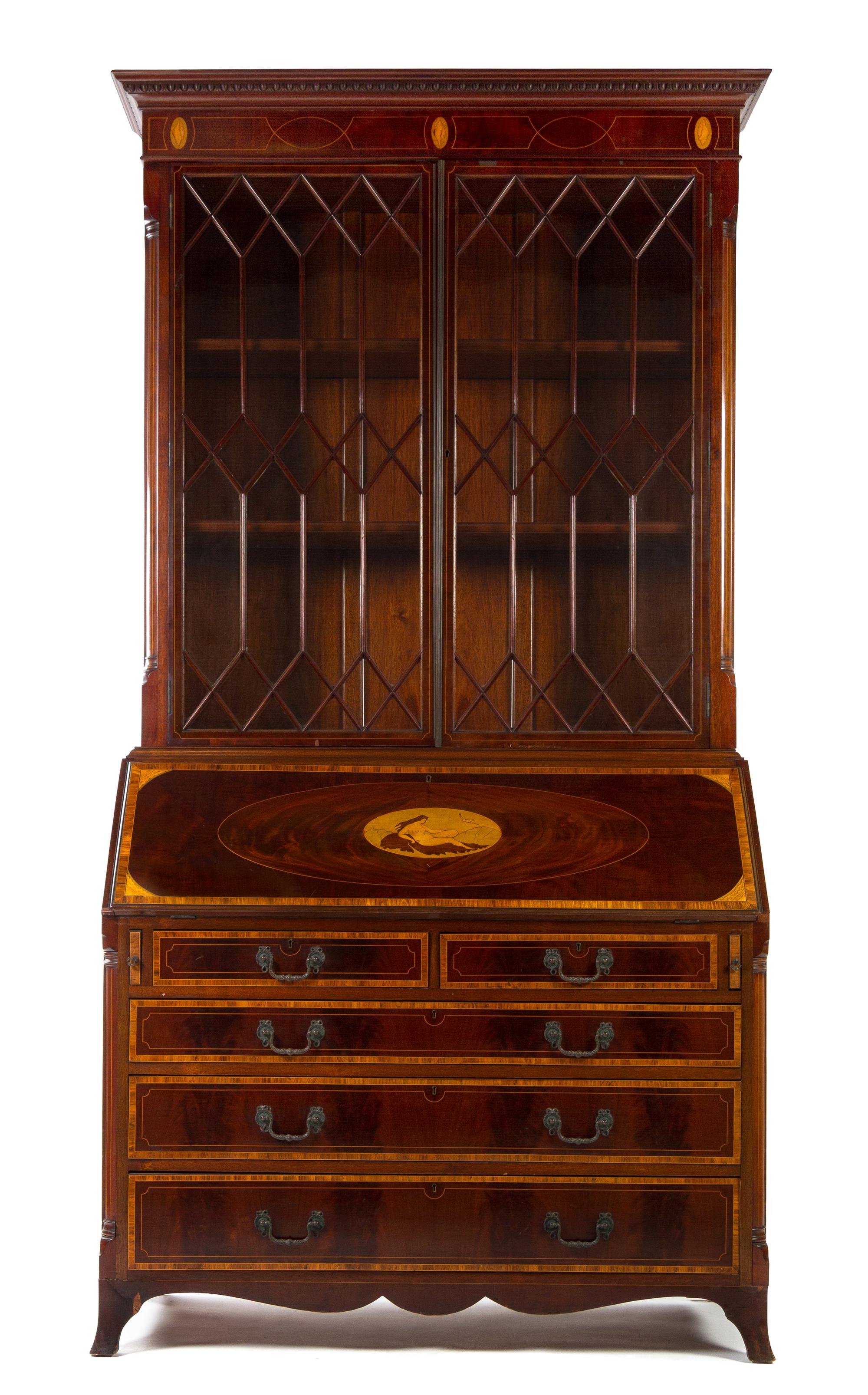 A Scottish Marquetry and Mahogany Secretary Bookcase Height 96 inches. — FIRST HALF 20TH CENTURY