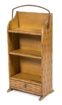 A Faux Bamboo Painted Pine Bookshelf with Iron Swing Handle Height 30 1/2 x width 15 1/2 x depth 10 inches. — 20TH CENTURY