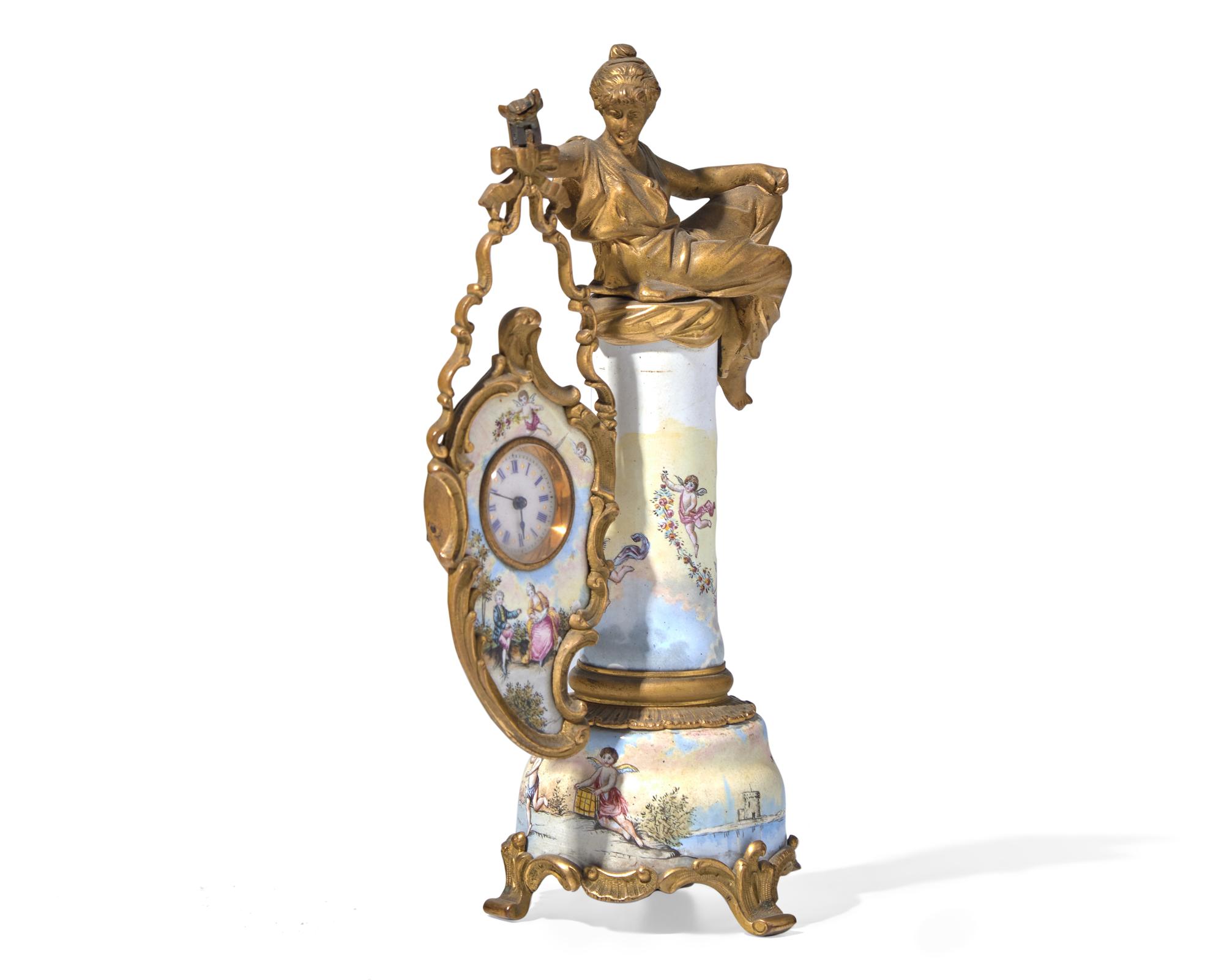 A Viennese miniature gilt bronze and enamel clock pendule, late 19th century