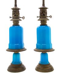 A Pair of Continental Opaline Glass Lamps, Height overall 28 1/2 inches.
