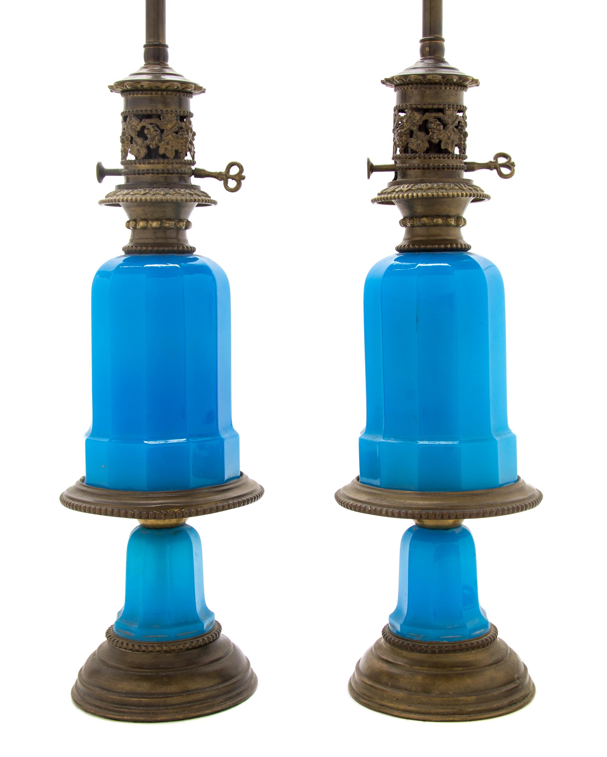 A Pair of Continental Opaline Glass Lamps, Height overall 28 1/2 inches.