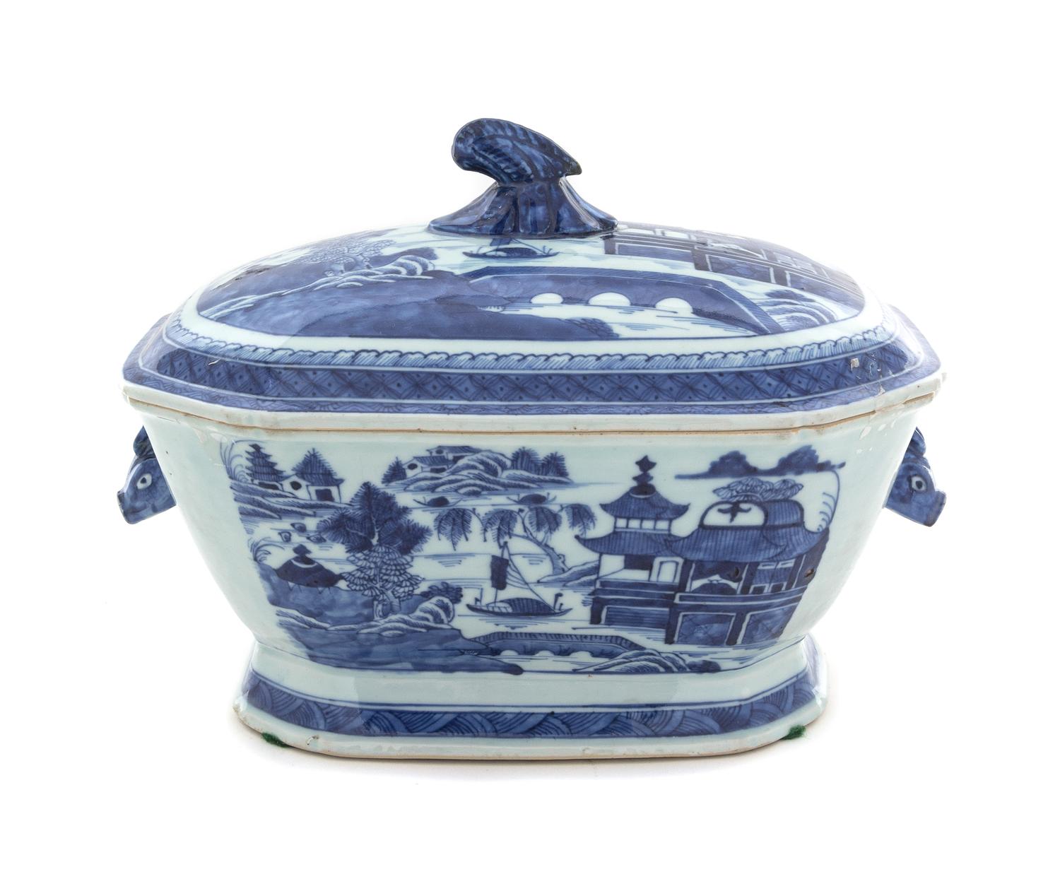 A Canton Blue and White Covered Tureen Height 8 3/4 inches. — 19TH CENTURY