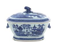 A Canton Blue and White Covered Tureen Height 8 3/4 inches. — 19TH CENTURY