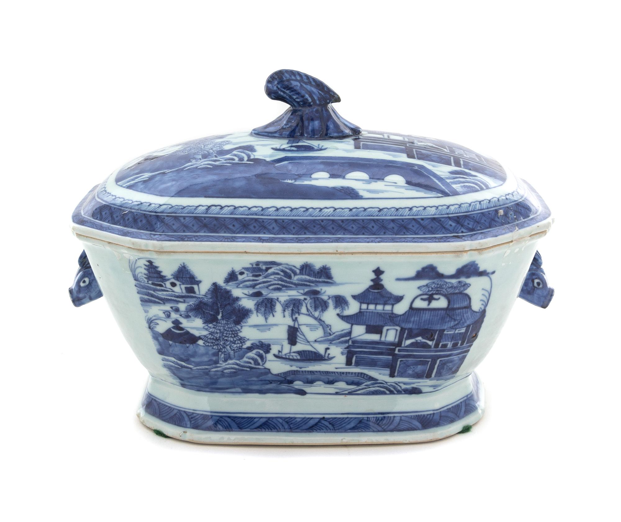 A Canton Blue and White Covered Tureen Height 8 3/4 inches. — 19TH CENTURY