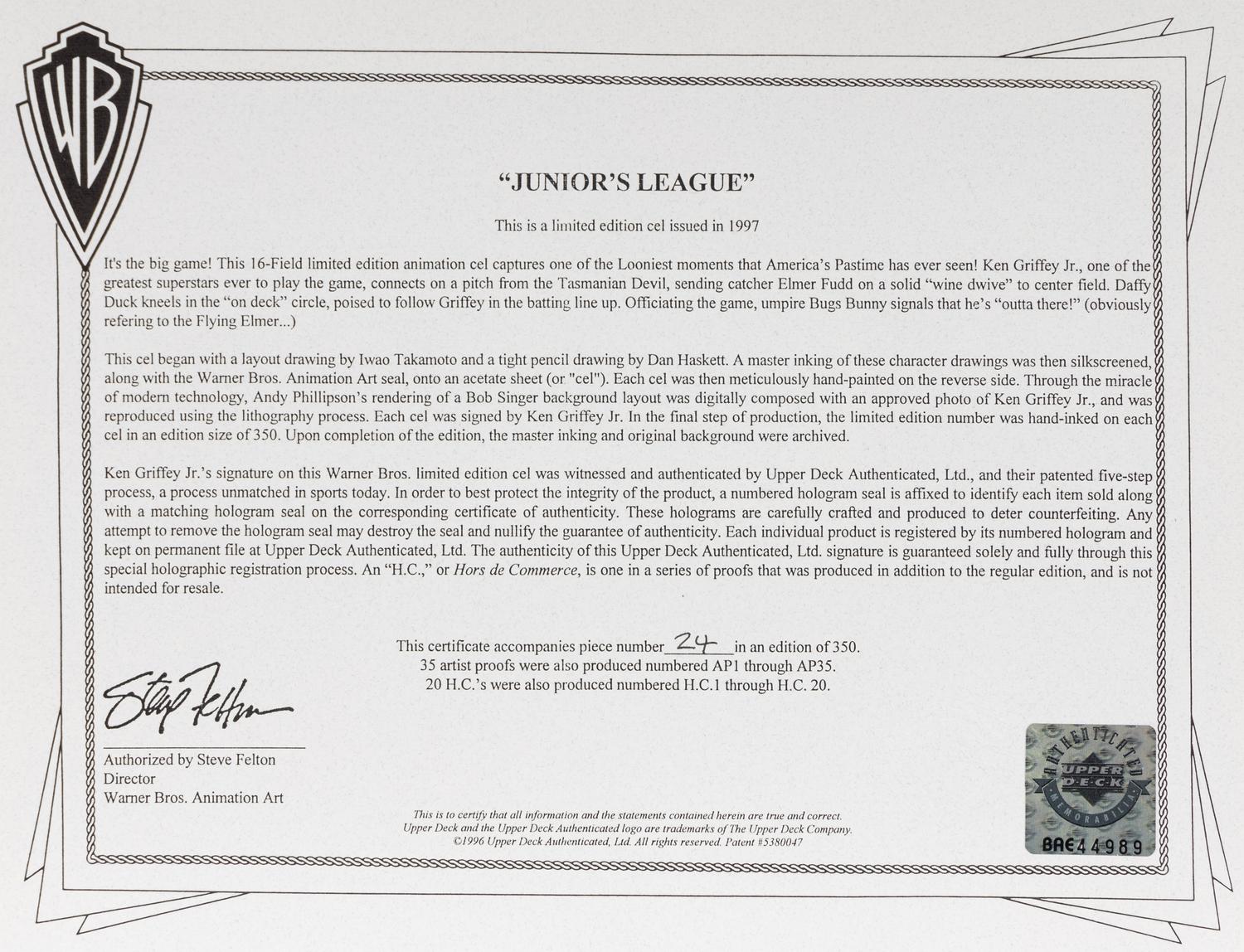 A Ken Griffey Jr. Signed Autograph Warner Brothers "Junior's League" Animation Cel (Upper Deck Authenticated),
