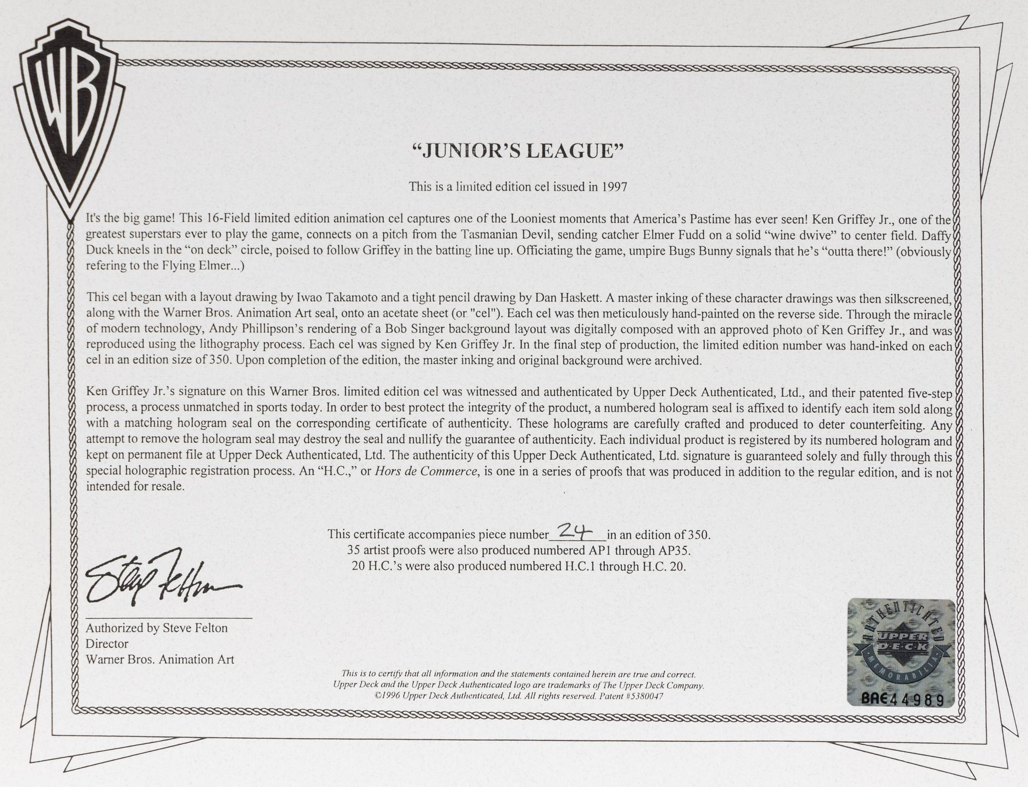 A Ken Griffey Jr. Signed Autograph Warner Brothers "Junior's League" Animation Cel (Upper Deck Authenticated),