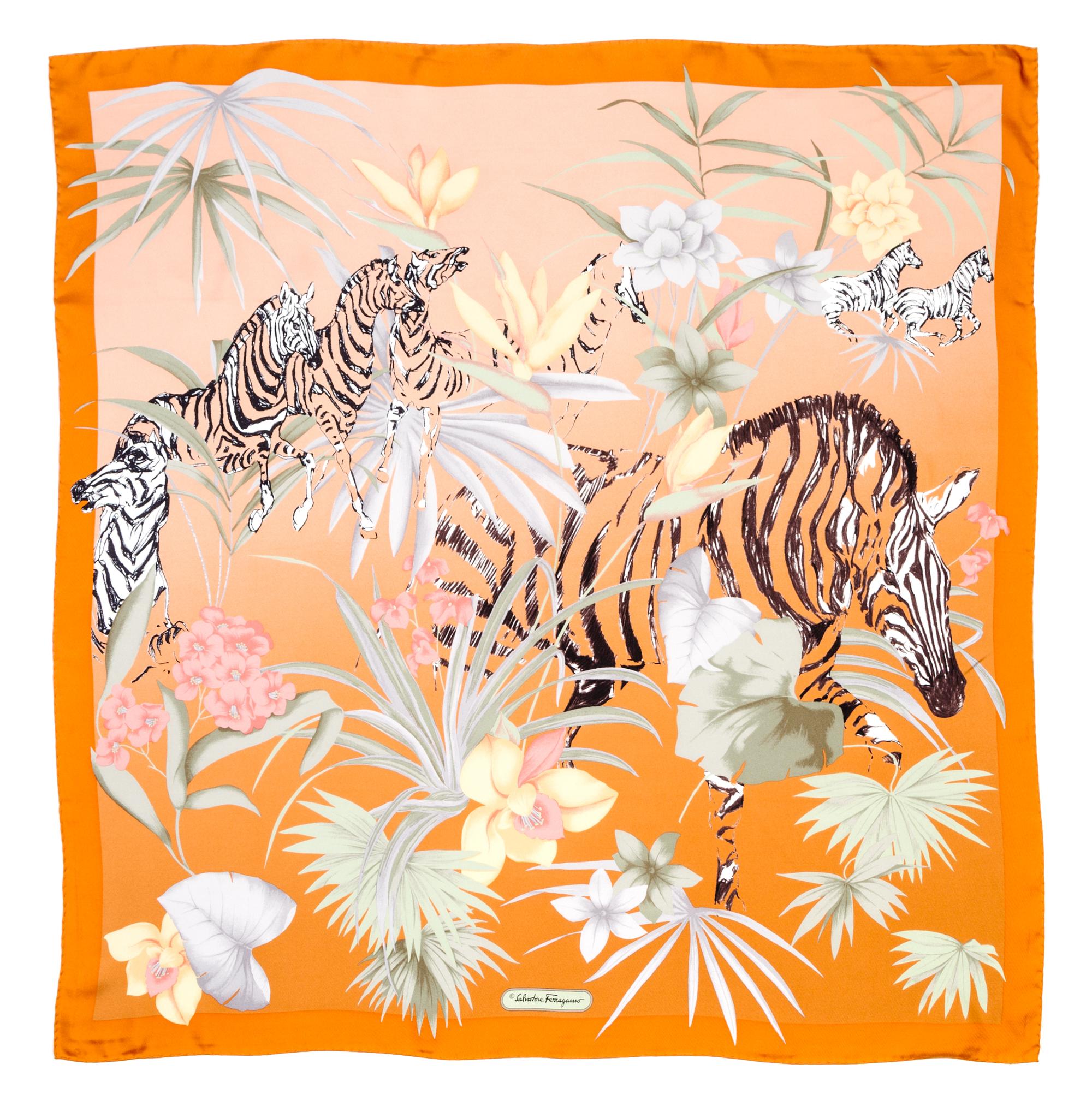 A Ferragamo 90cm Burnt Orange Silk Zebra Print Scarf, 36" x 36".