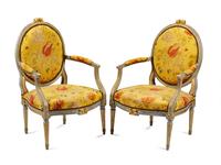 A Pair of Louis XVI Painted and Parcel Gilt Fauteuils