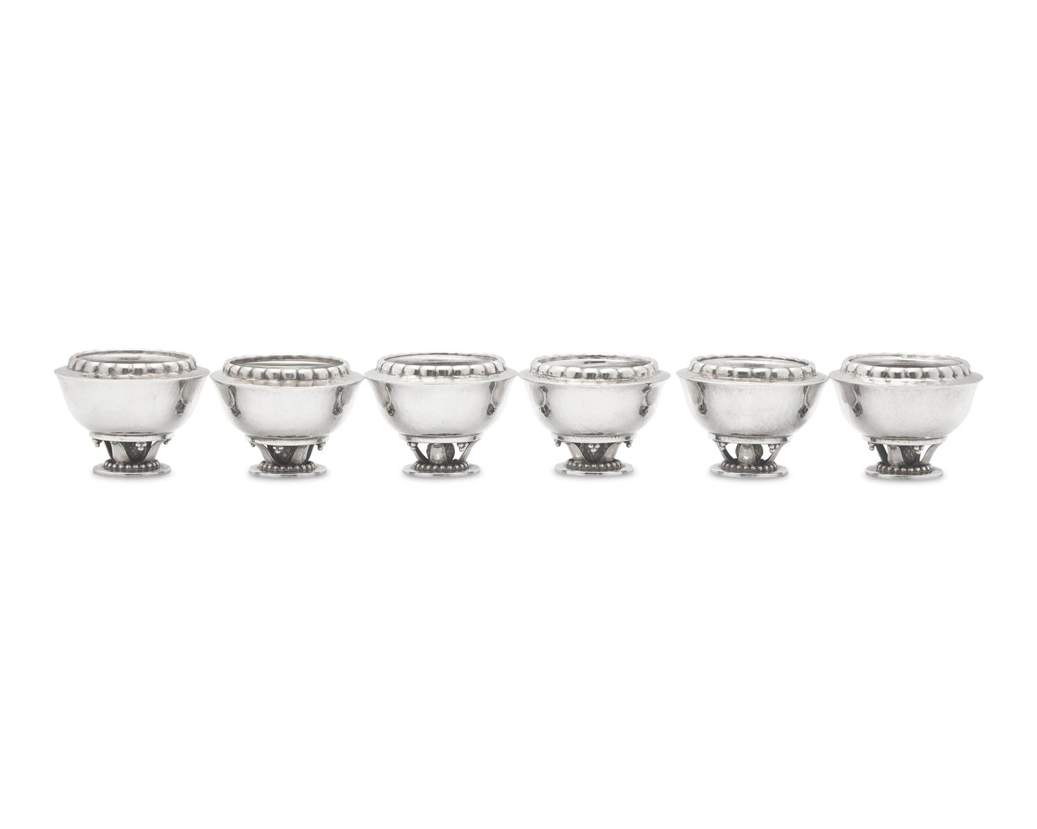 A Set of Six Georg Jensen Silver Salts with Glass Liners
